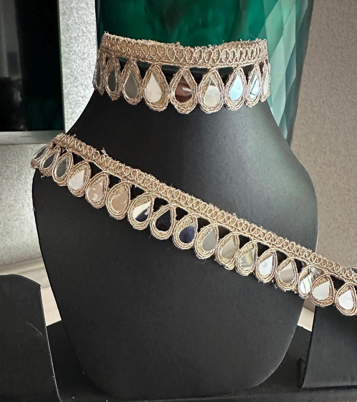 TearDrop Real Mirror Trim Lace Rose Gold Indian Embroidered Wedding Sash Supply