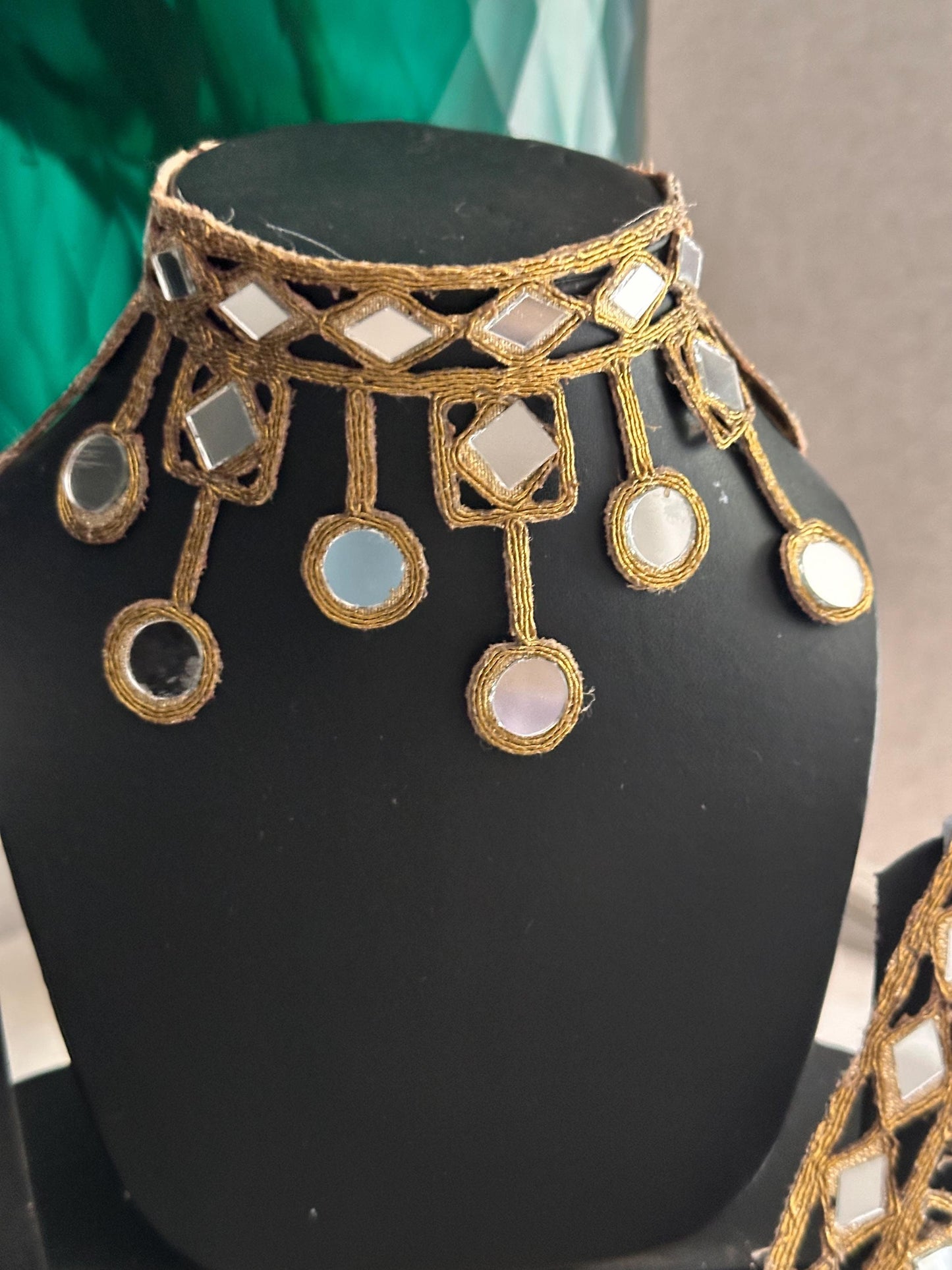 Mirror Belt Gold Hand Crafted Trim 7cm Suspended Mirror Band For Kaftan saree