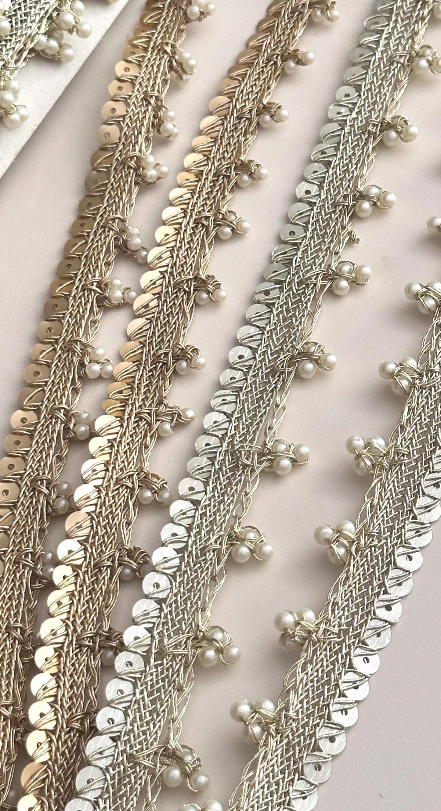 Pearl Beaded Lace Metallic Sequin Trim Pearl Lace Border Bridal Costume Trim Tassel Pearl Edging Lace