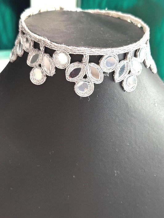 Choker Lace Trim Metallic Silver