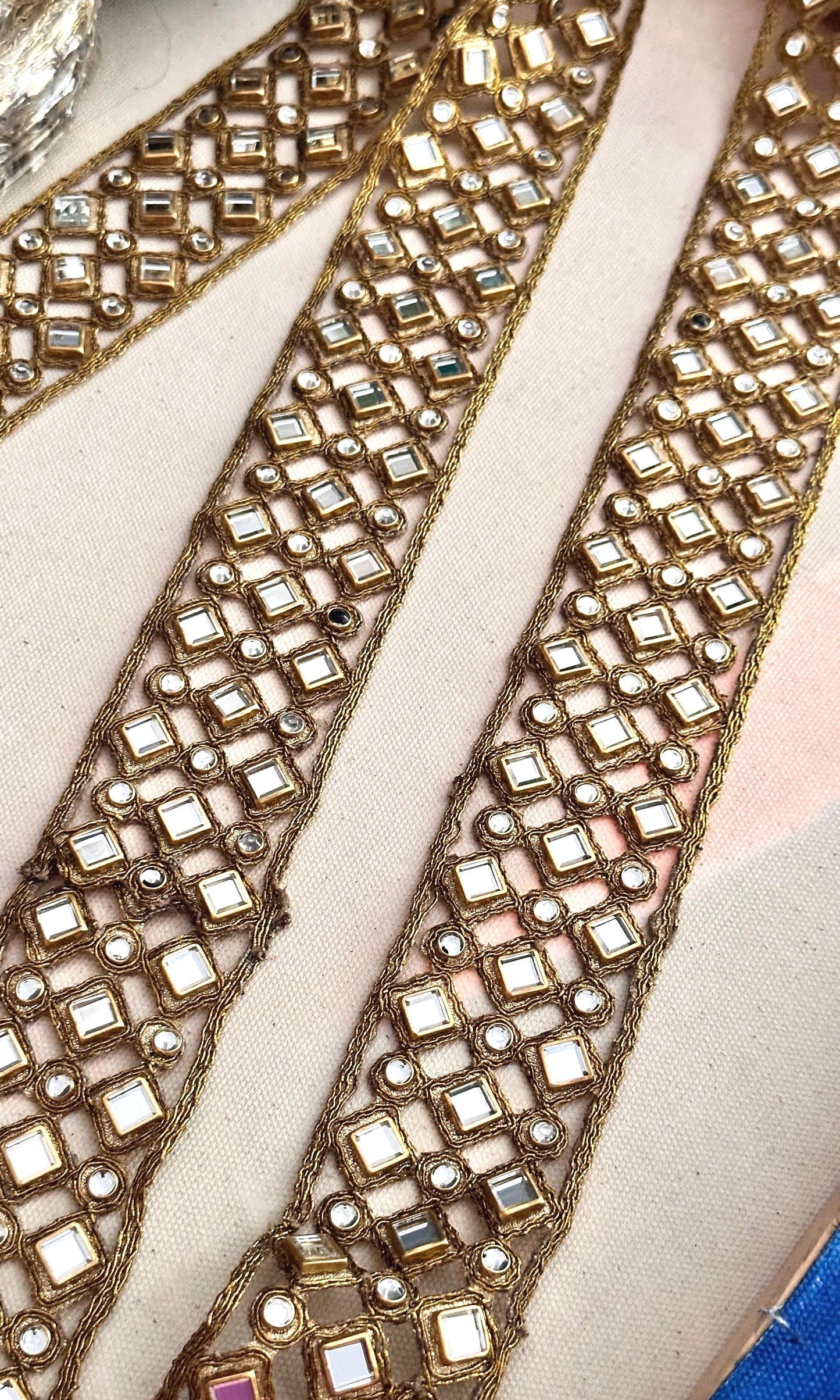 Gold Kundan lace Stone Zircon Work Border White Metal Resin Trim Indian Sari