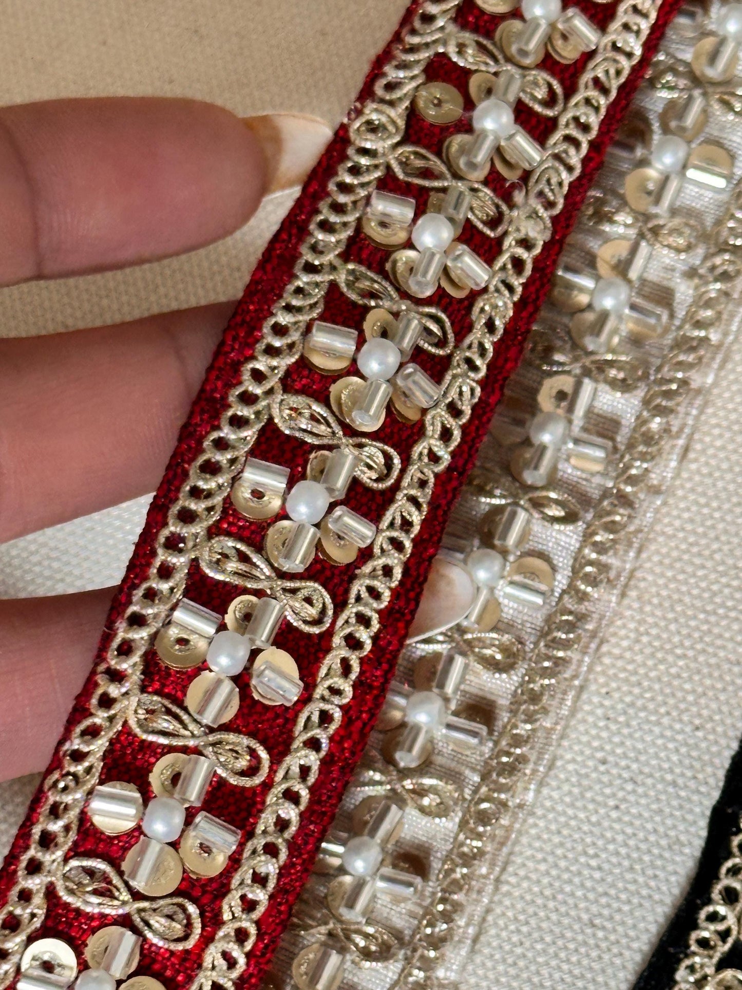 Indian Fabric Trim Gold Glass Bead Floral Pattern Edging Dupatta Ribbon Embellished Fabric Trim