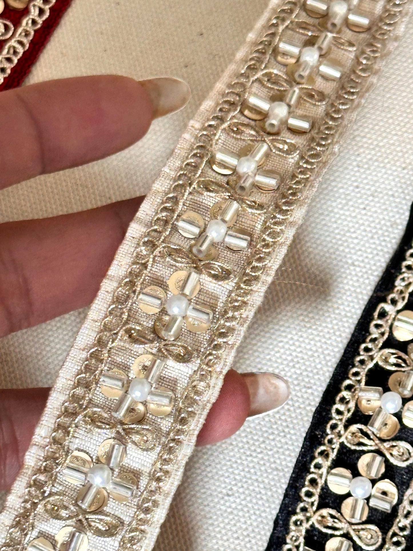 Indian Fabric Trim Gold Glass Bead Floral Pattern Edging Dupatta Ribbon Embellished Fabric Trim