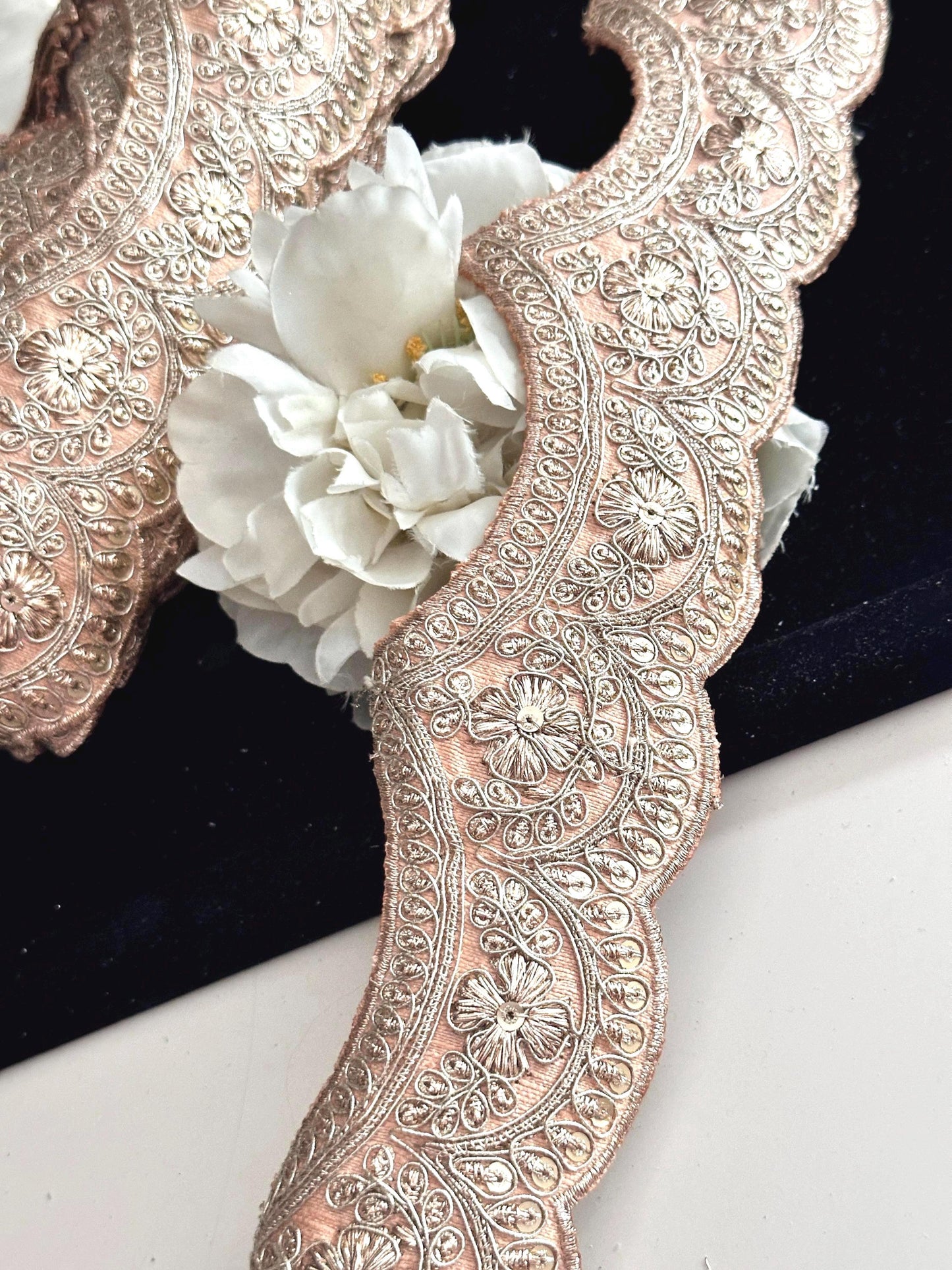 Indian Sari Trim for Bridal & Festive Wear Zari Embroidered Sewing Fabric Scalloped Costume Trim by Yard