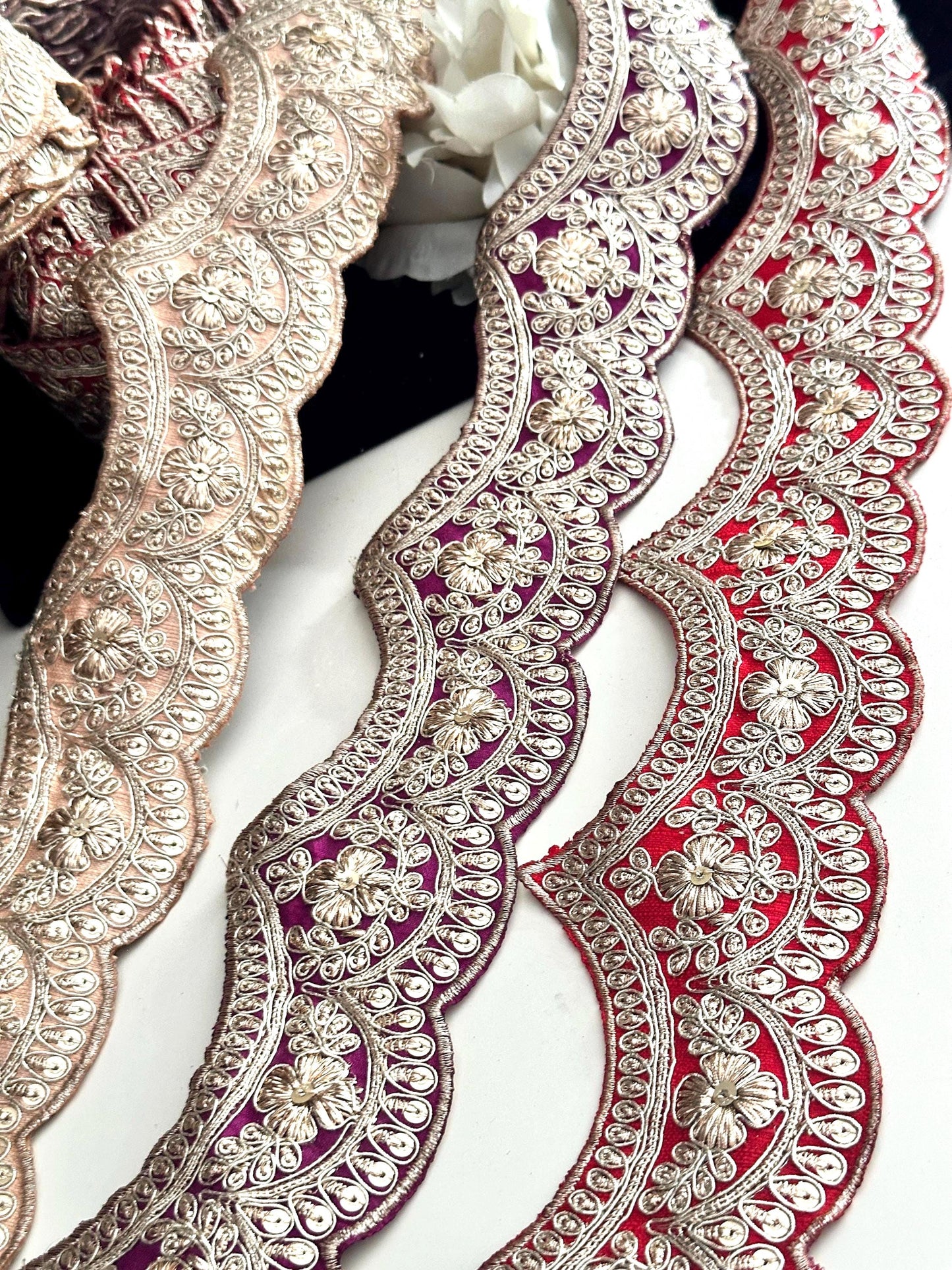 Indian Sari Trim for Bridal & Festive Wear Zari Embroidered Sewing Fabric Scalloped Costume Trim by Yard