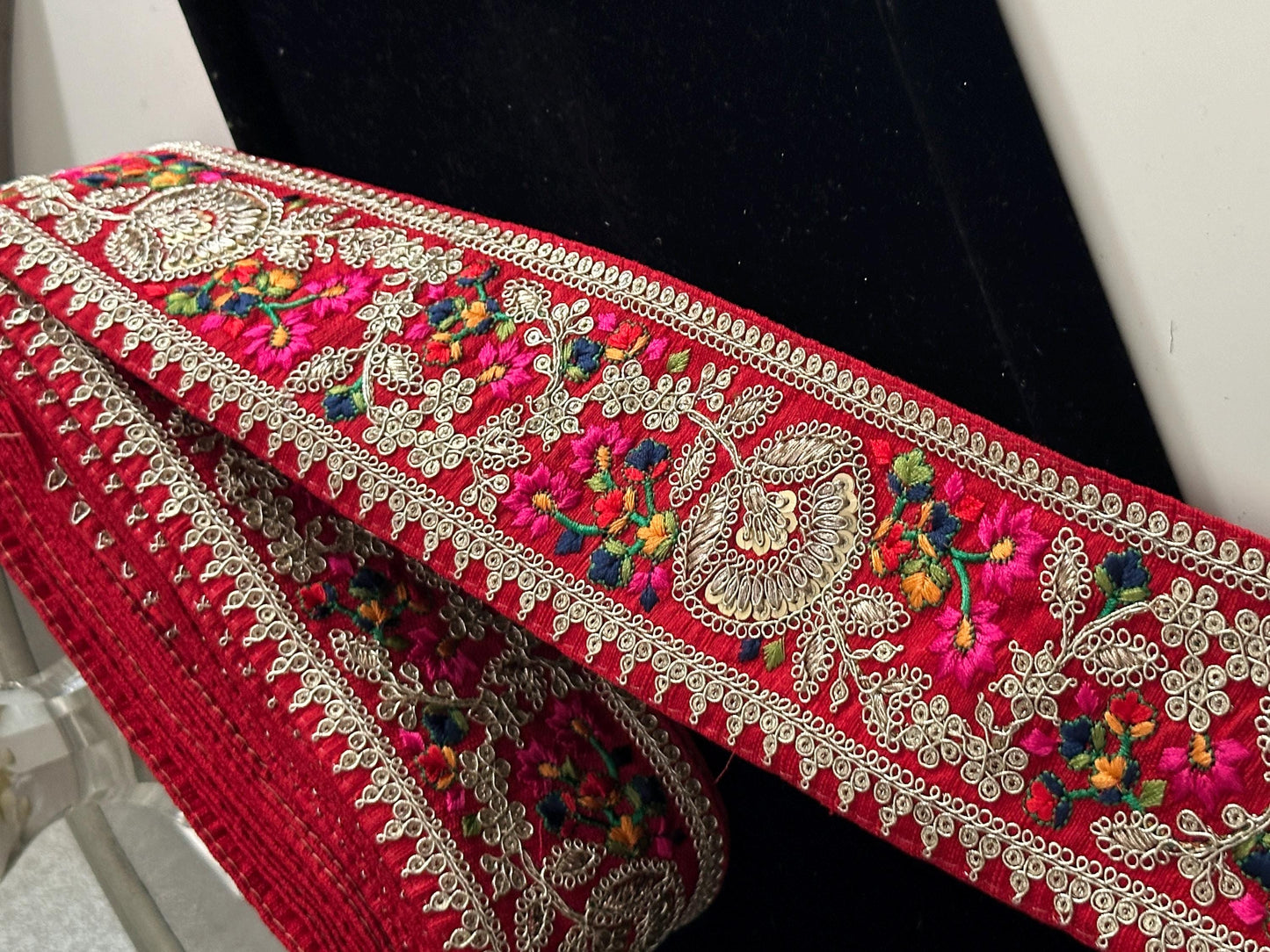 8cm Indian Embroidered Ribbon Boho Zari Decorative Trim With Sequence Thread Work