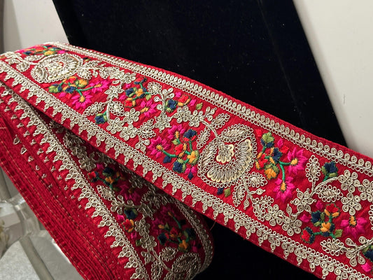 Sequence Embroidered Ribbon Trim Red Pink