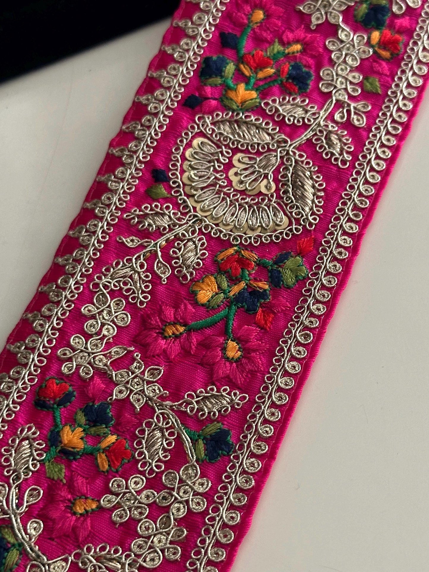8cm Indian Embroidered Ribbon Boho Zari Decorative Trim With Sequence Thread Work