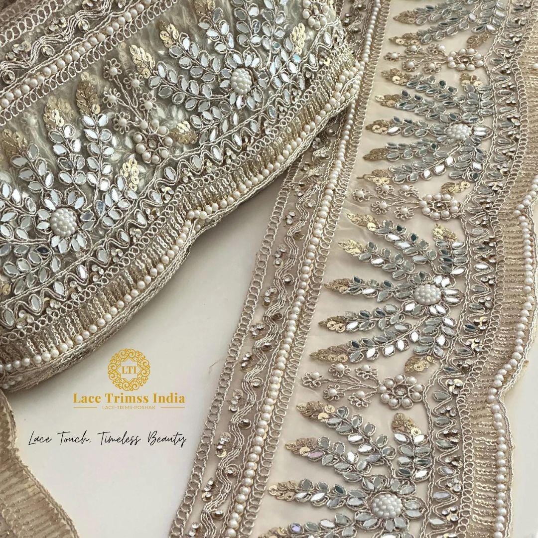 Bridal Veil Lace Floral Lace Applique Trim Pearl & Mirror Cathedral Veil