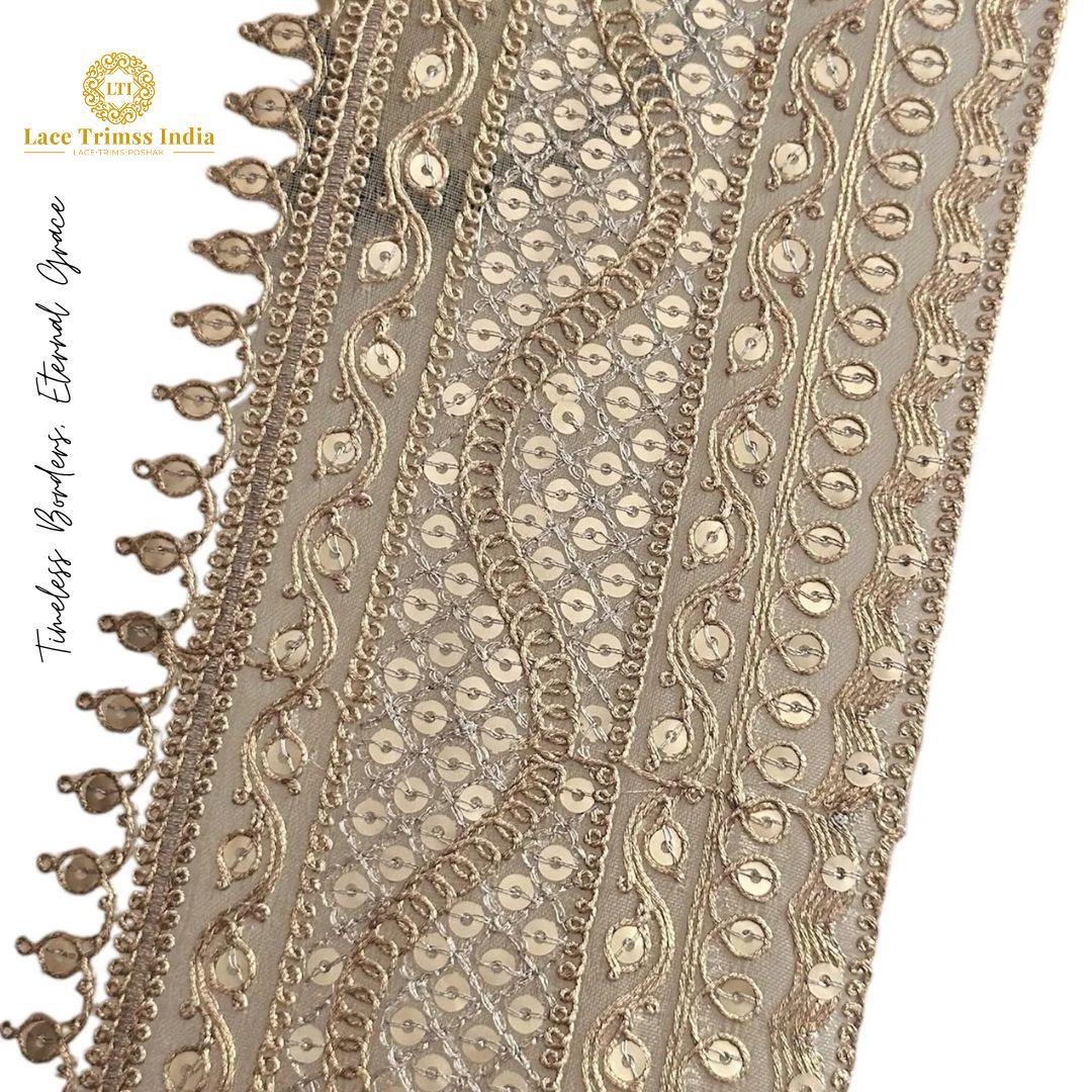 Bridal Veil Indian Zari Sequin Wedding Trim Scalloped Gold Sequin Work Floral Lace Trim