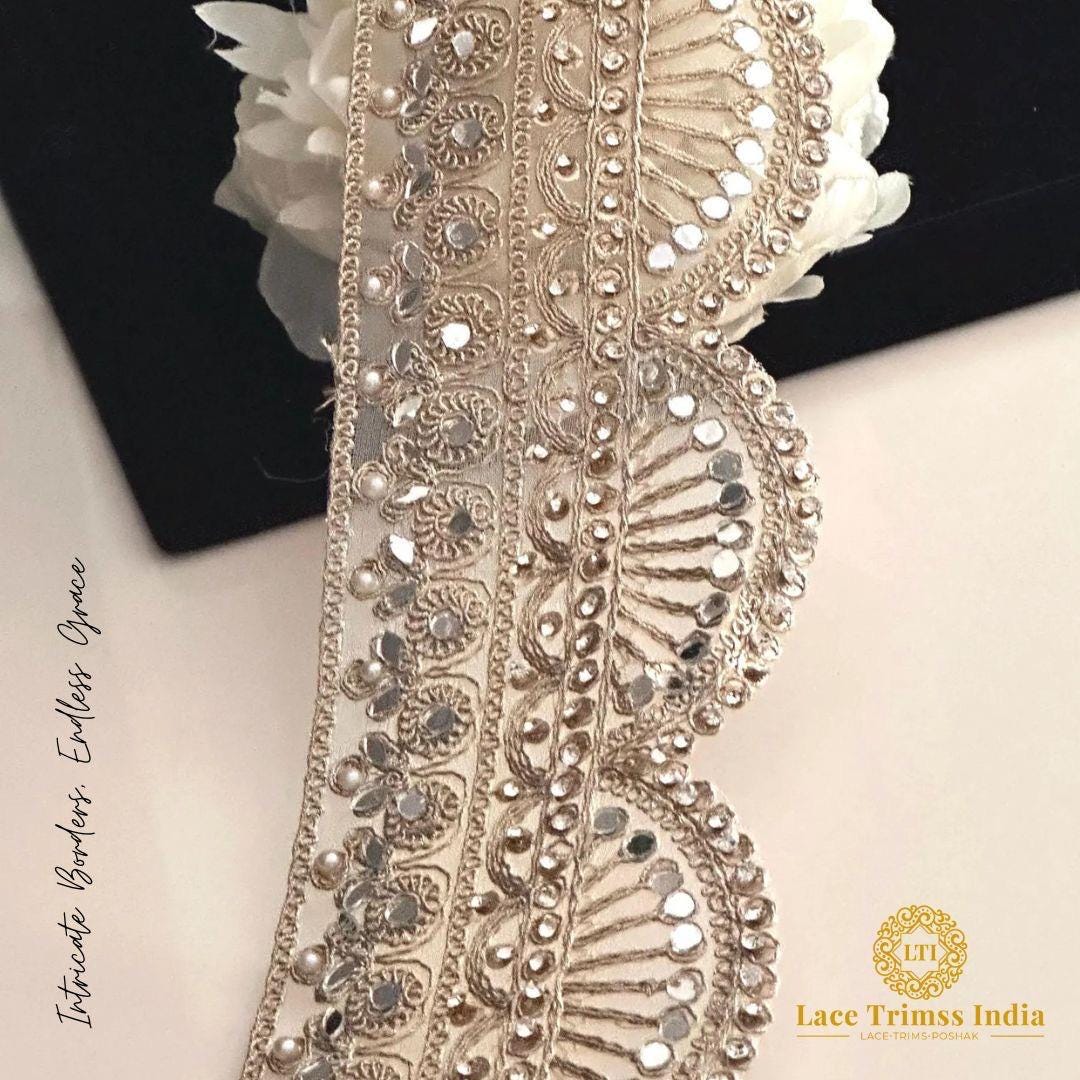 Wedding Gown Gold Zari Zircon Lace Trim for Wedding Veil Scallop Embellished Gold Lace