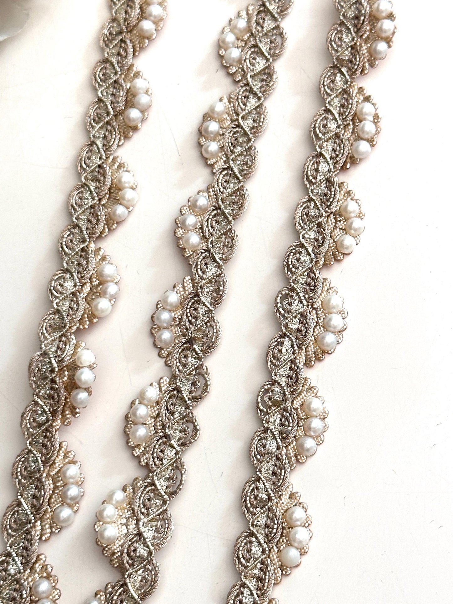 Pearl Bead Sash Rhinestone Lace Trim Gold Metallic Thread Bridal Sash Wedding Crafting Lace