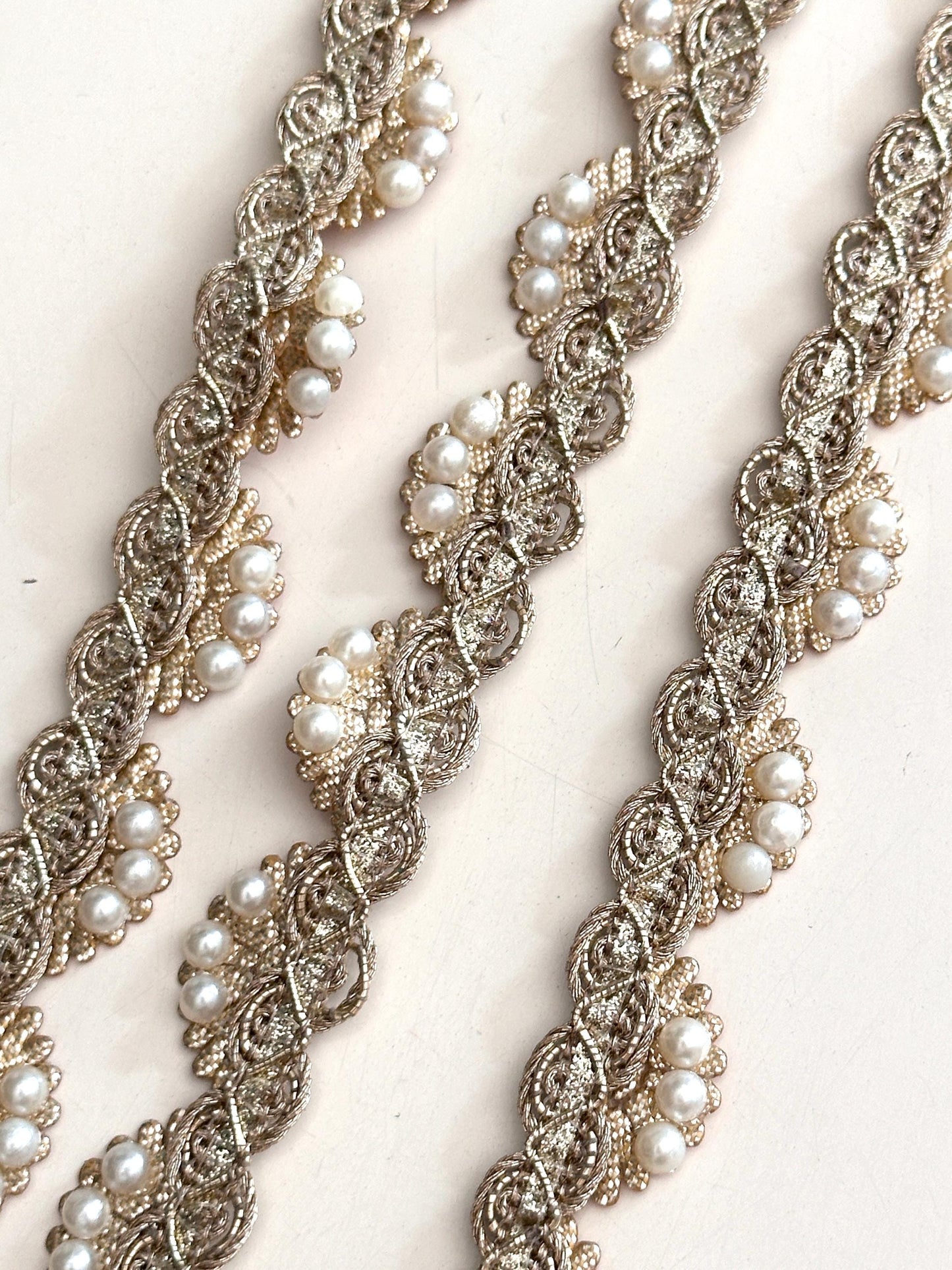 Pearl Bead Sash Rhinestone Lace Trim Gold Metallic Thread Bridal Sash Wedding Crafting Lace
