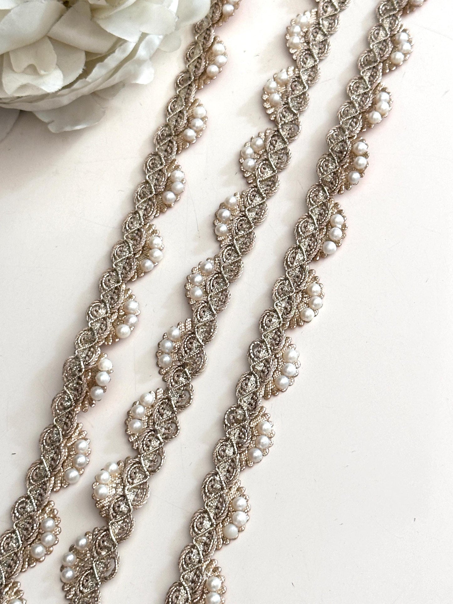 Pearl Bead Sash Rhinestone Lace Trim Gold Metallic Thread Bridal Sash Wedding Crafting Lace