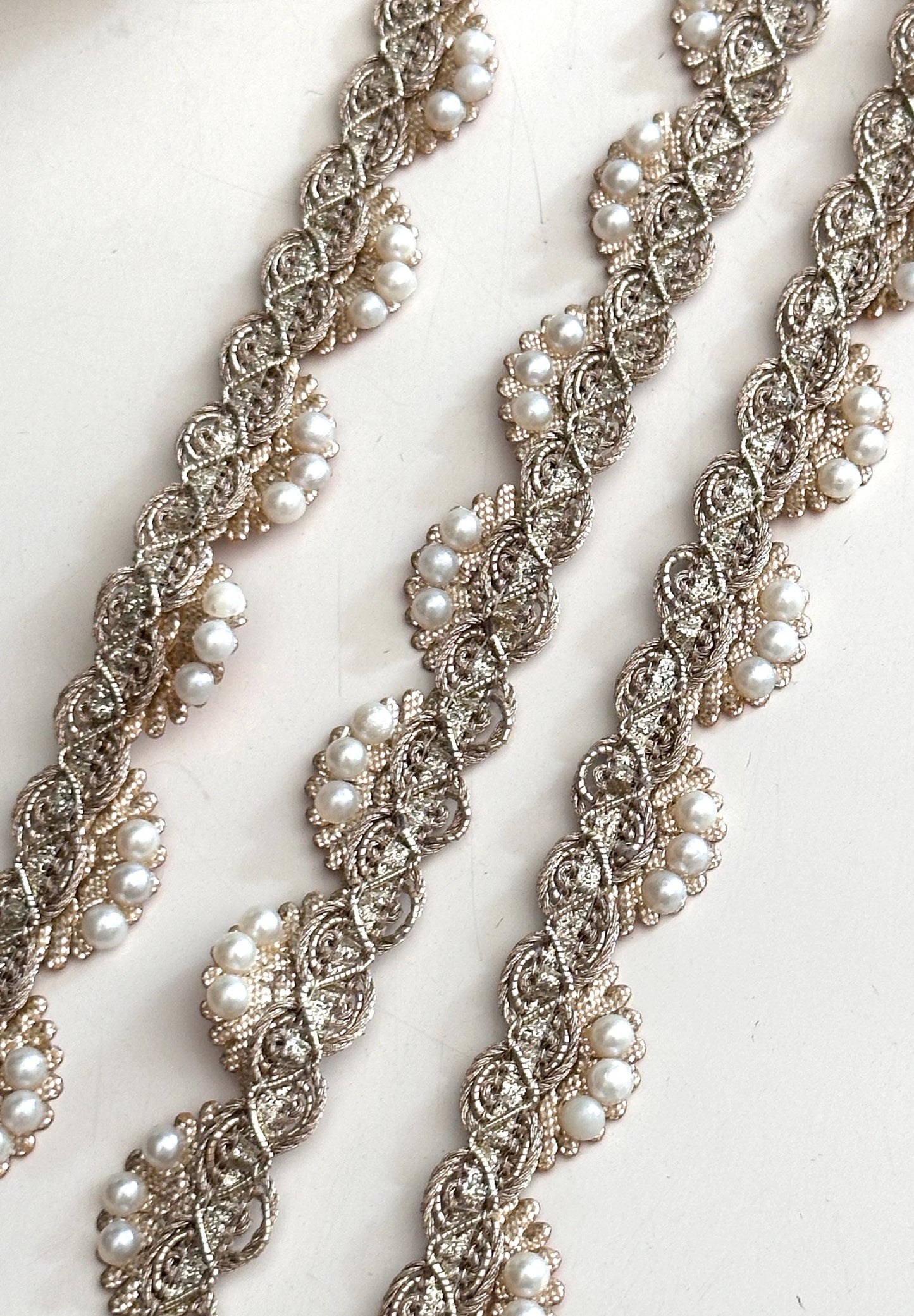 Pearl Bead Sash Rhinestone Lace Trim Gold Metallic Thread Bridal Sash Wedding Crafting Lace
