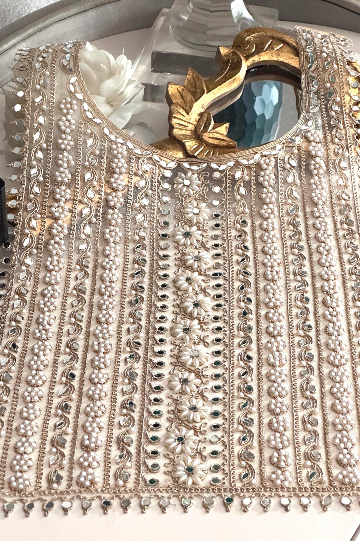 Applique Neckline Bridal Patch Shiny Mirror Pearl Flower Indian Applique Neck