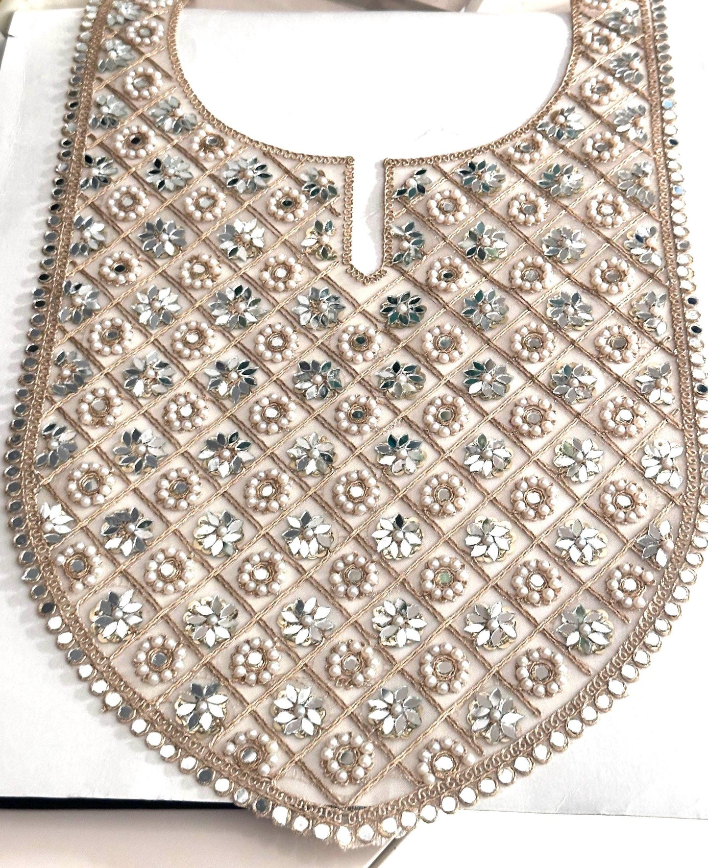 Floral Embroidery Applique Sew on Neckline Patch Mirror Pearl Stone
