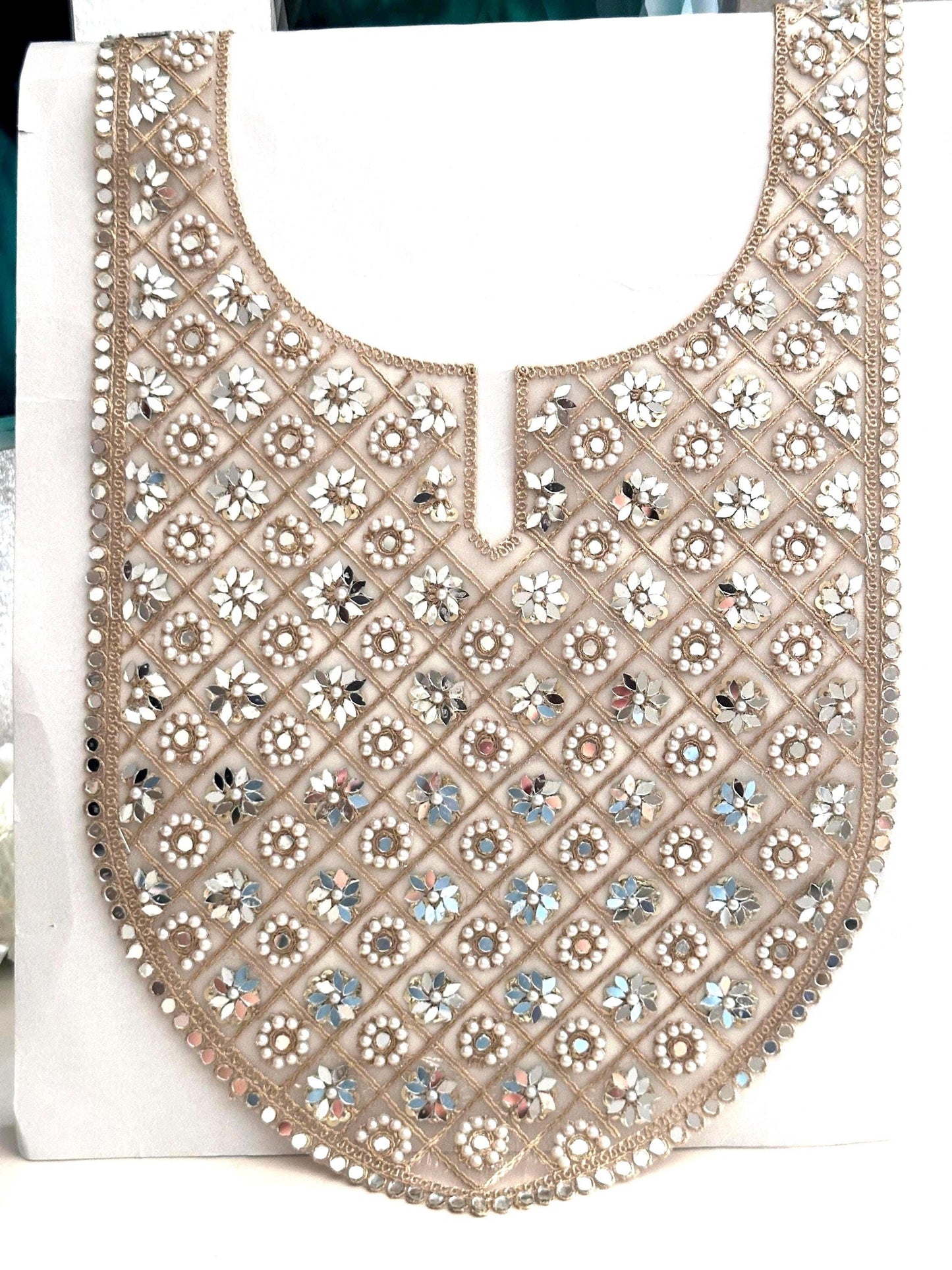 Floral Embroidery Applique Sew on Neckline Patch Mirror Pearl Stone