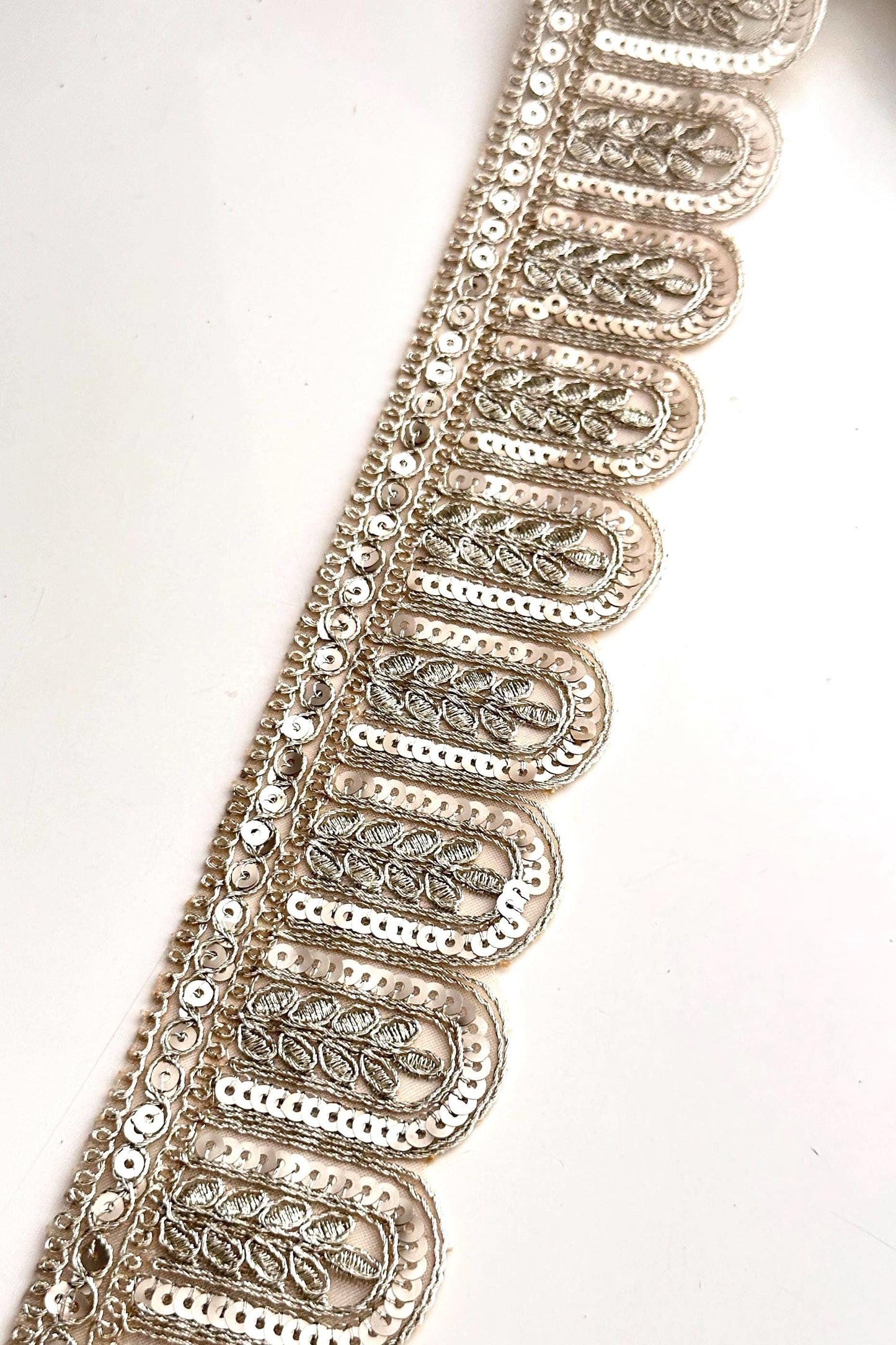 Scalloped Sequin Lace Trim For Bridal Gown Light Gold Metallic Thread Ribbon Festive Wedding Dress Lace Embellished Decorative Trim by Yard