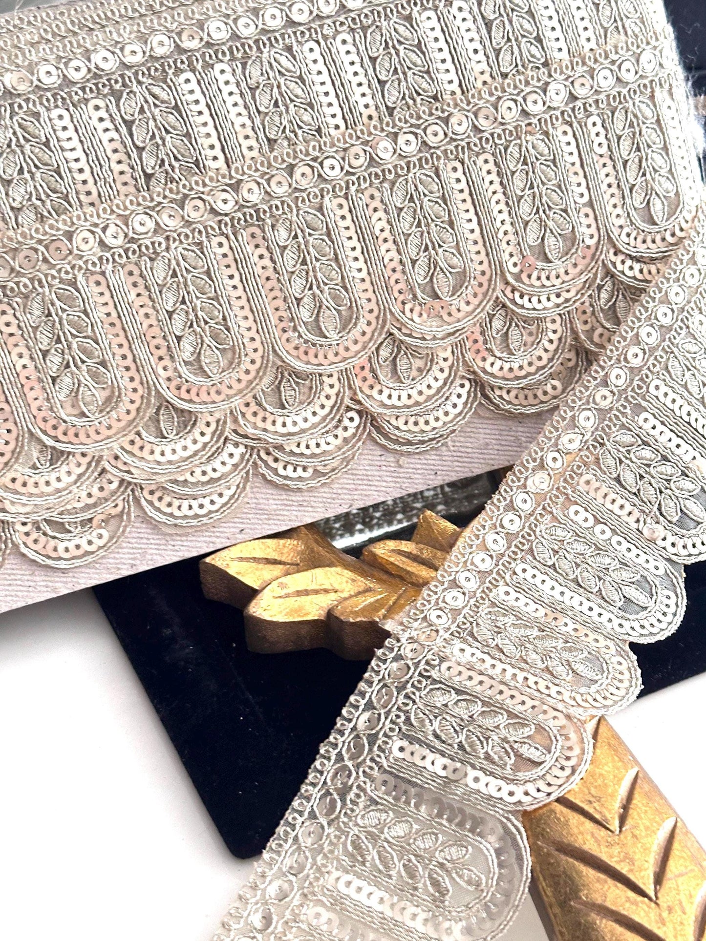Scalloped Sequin Lace Trim For Bridal Gown Light Gold Metallic Thread Ribbon Festive Wedding Dress Lace Embellished Decorative Trim by Yard
