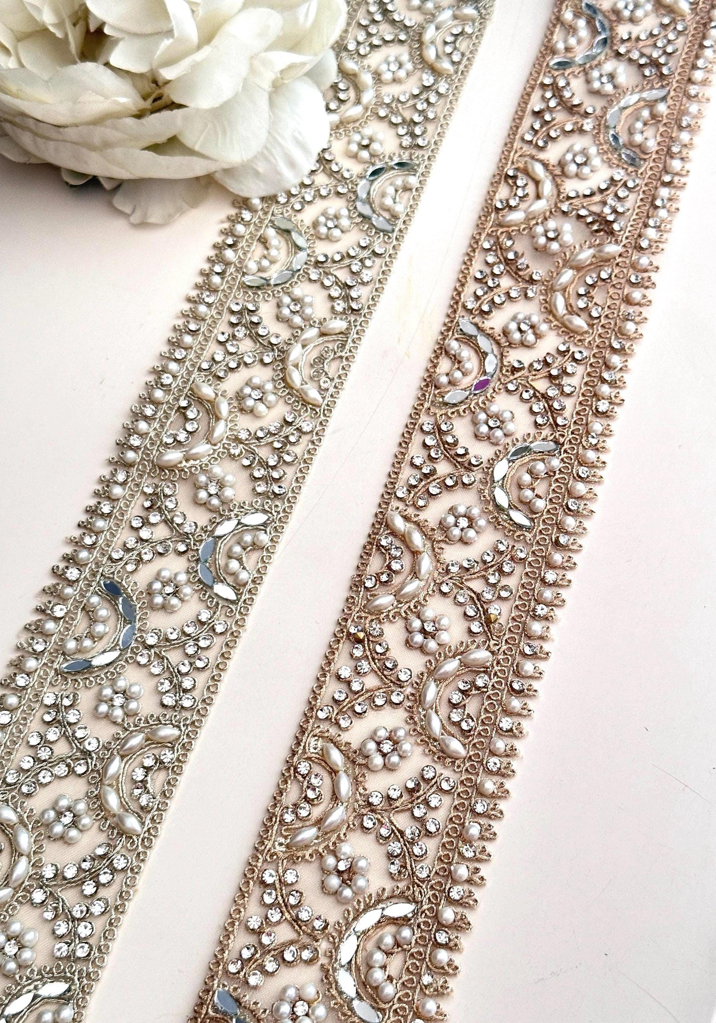 5cm By Yard Pearl Lace Light Gold Mirror Zircon & Pearl Embellished Lace Trim