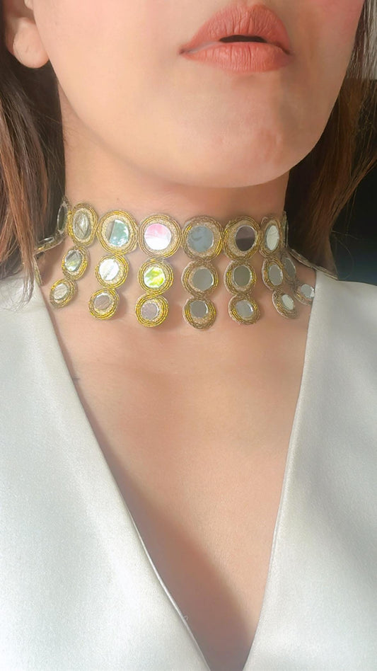 Layered Fabric Mirror Choker Antique Gold