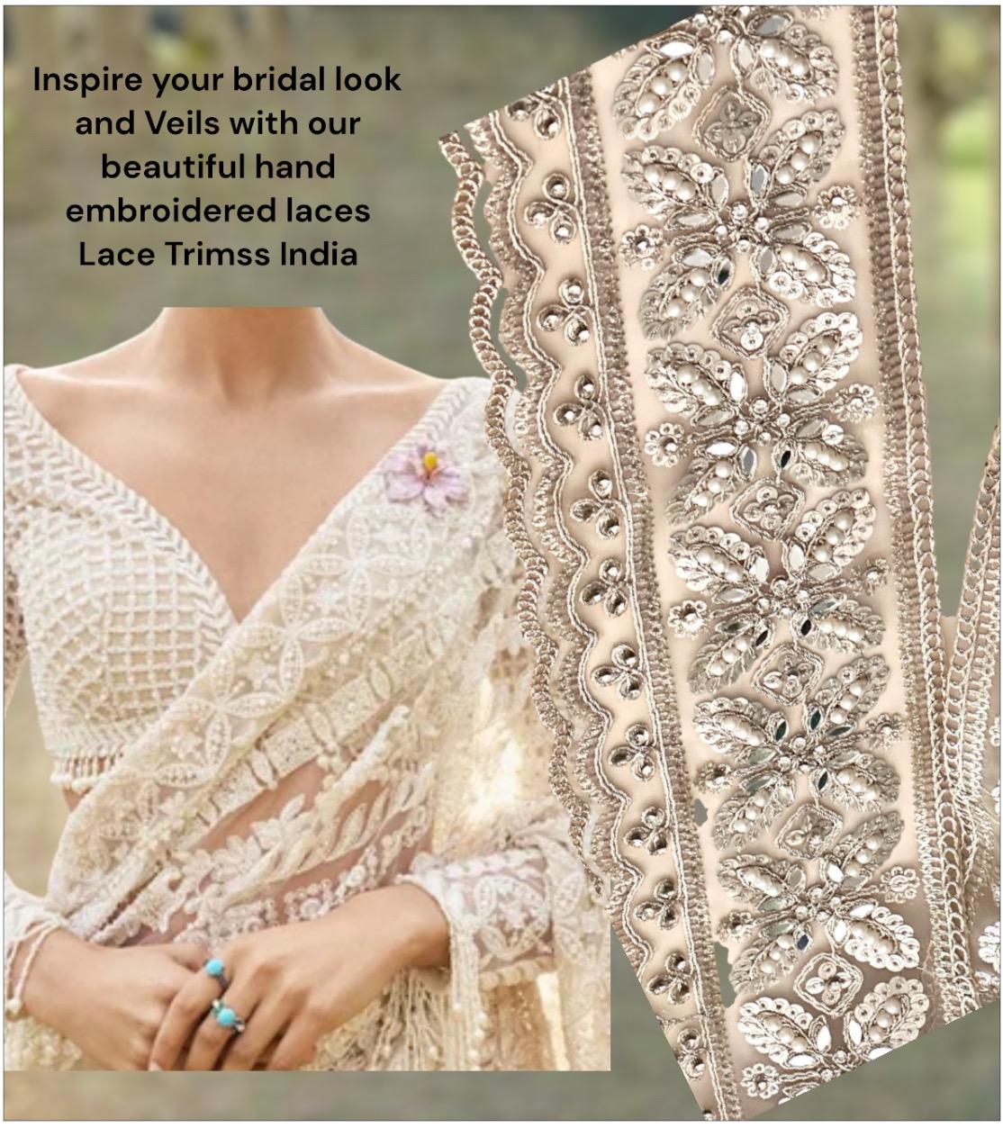 Flower Pattern Pearl Embroidered Lace Zircon Wedding Veil Lace Ivory Gown Trim