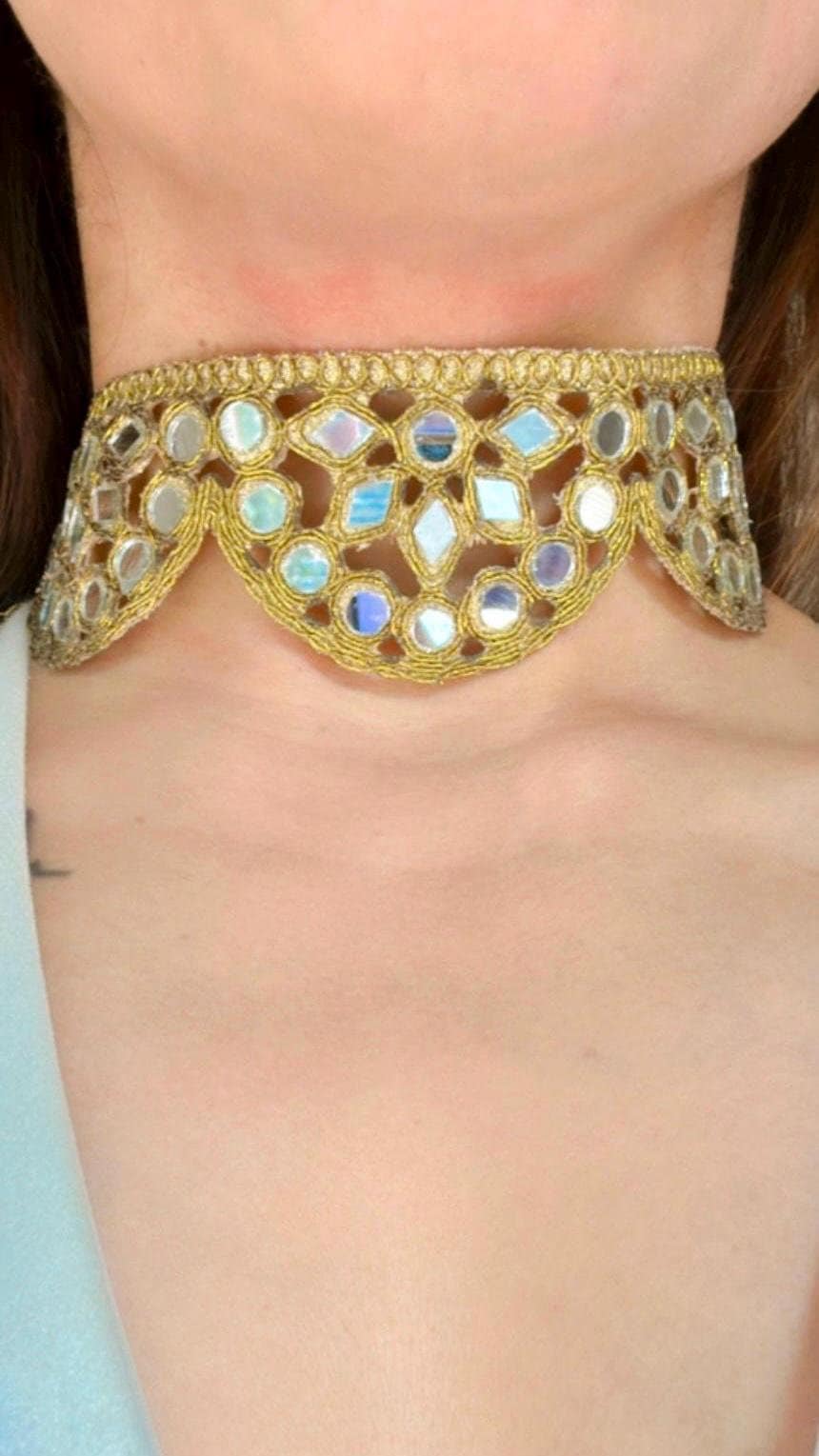 Gold Lace Choker Necklace Handmade Boho Gothic Style Jewelry Vintage Look Fabric Choker