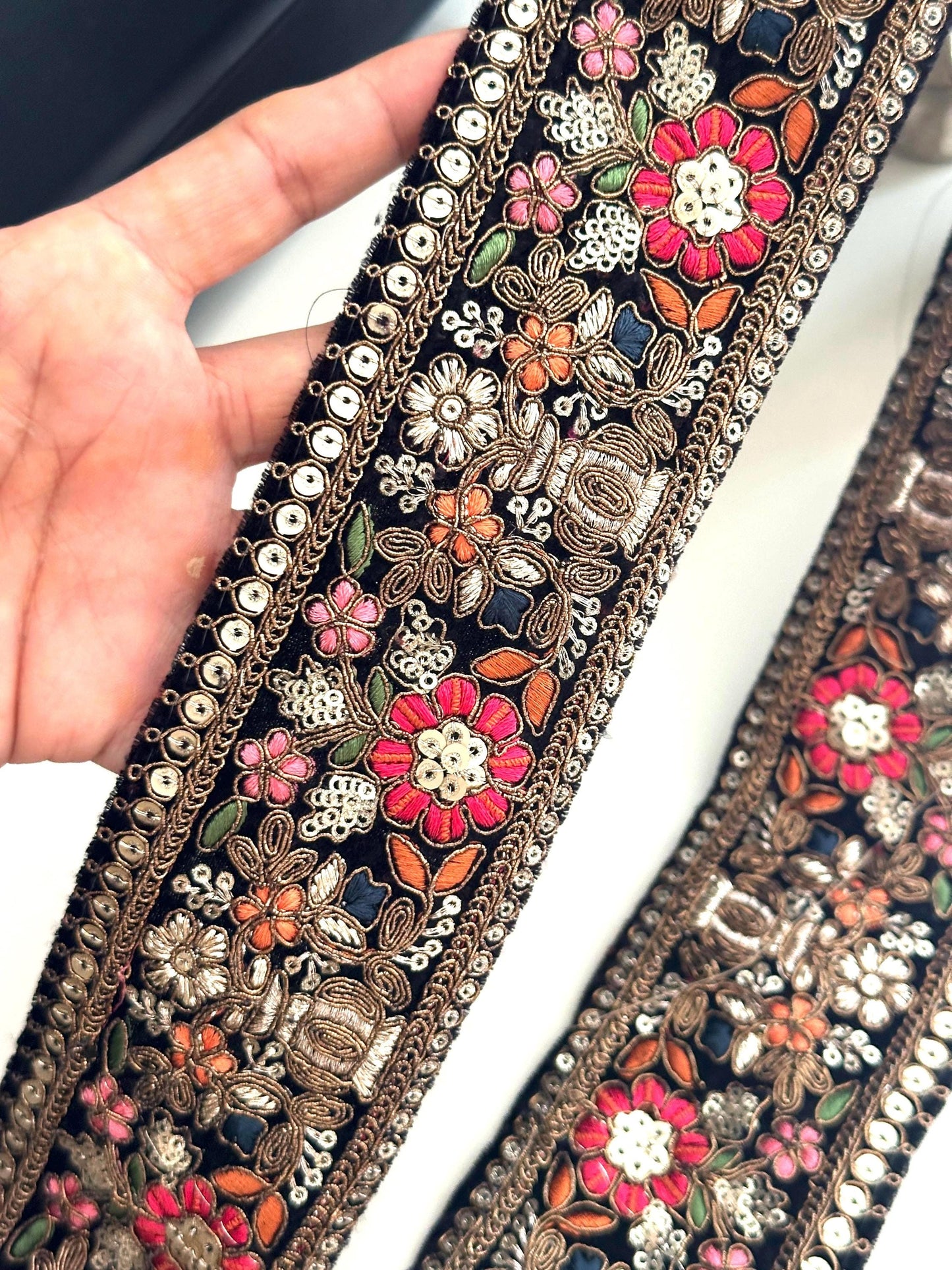 Roll of Victorian-style multicolour lace trim, handmade fabric embellishment for custom craft, wedding, or home decor projects