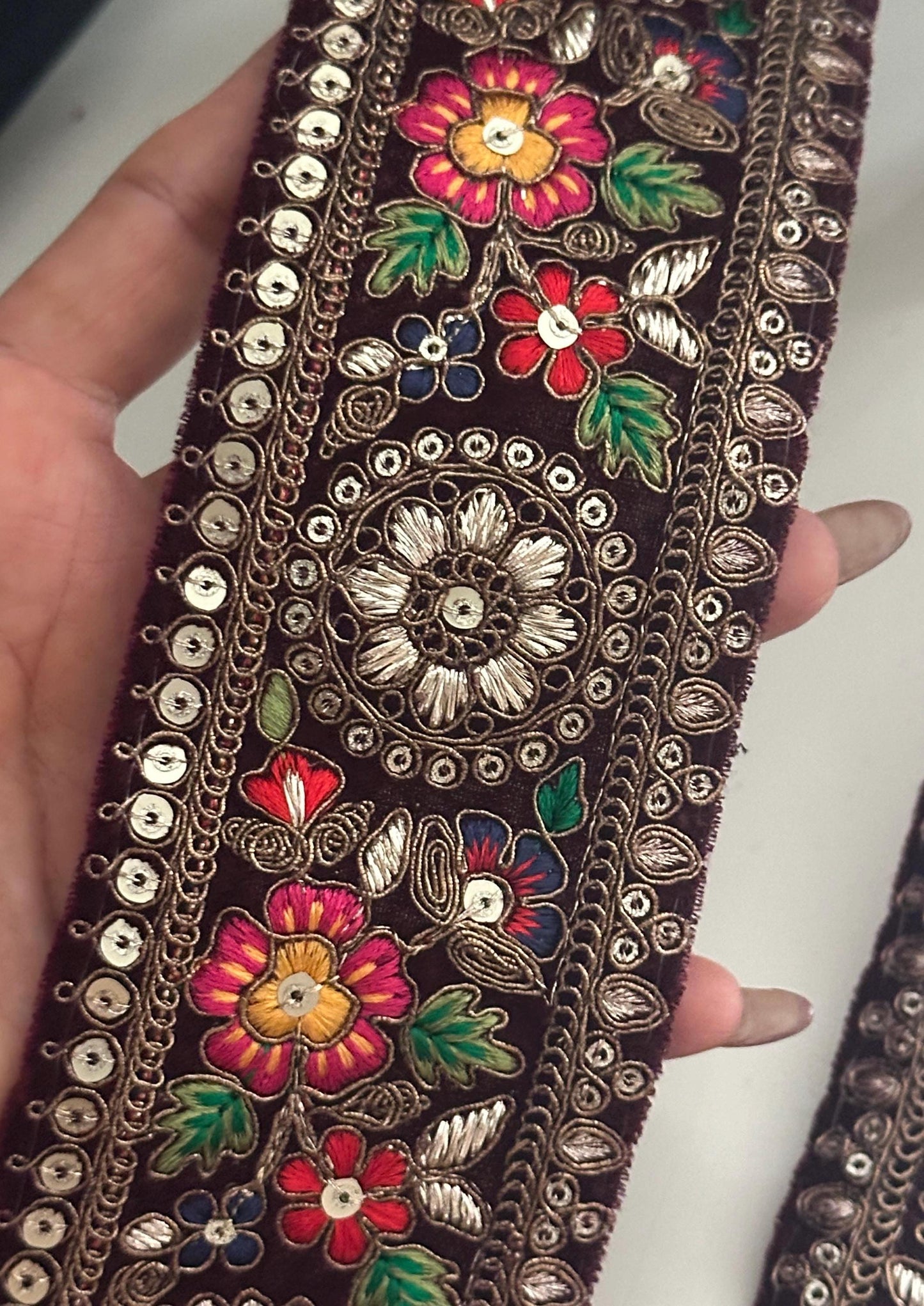 Victorian-style velvet fabric with intricate lace trim, handmade and perfect for couture fashion, home decor, costume design, wedding gowns, sashes, or crafting.