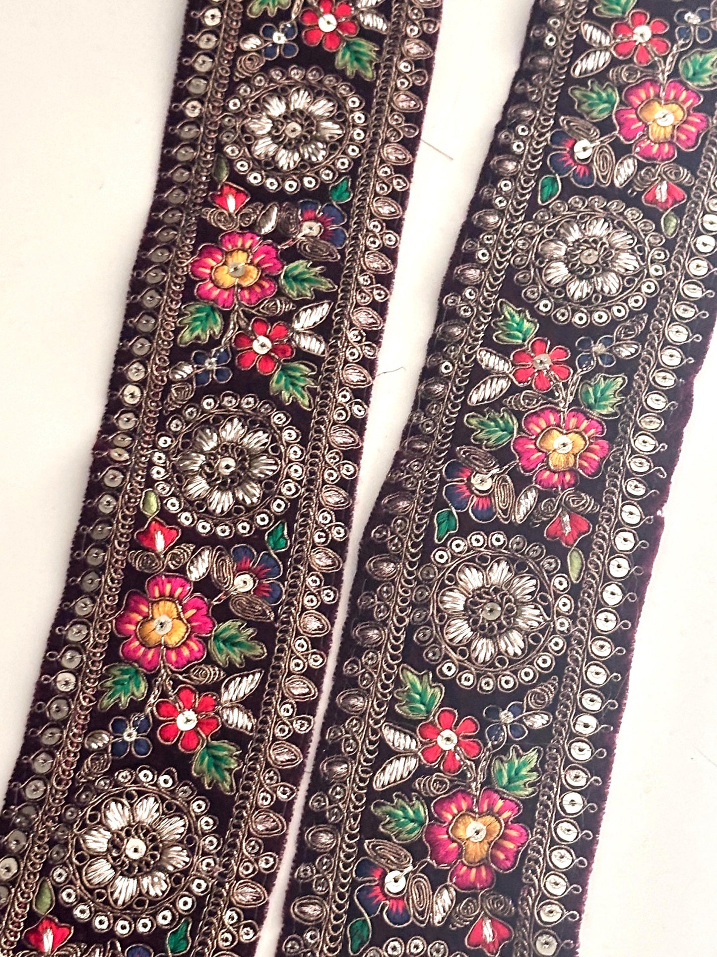 Victorian-style velvet fabric with intricate lace trim, handmade and perfect for couture fashion, home decor, costume design, wedding gowns, sashes, or crafting.