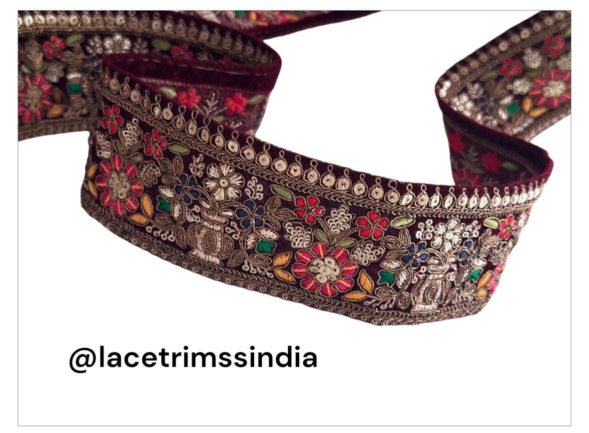 Maroon Gold Flower Pattern Embellished Trim Indian Embroidery Bridal Sari Border