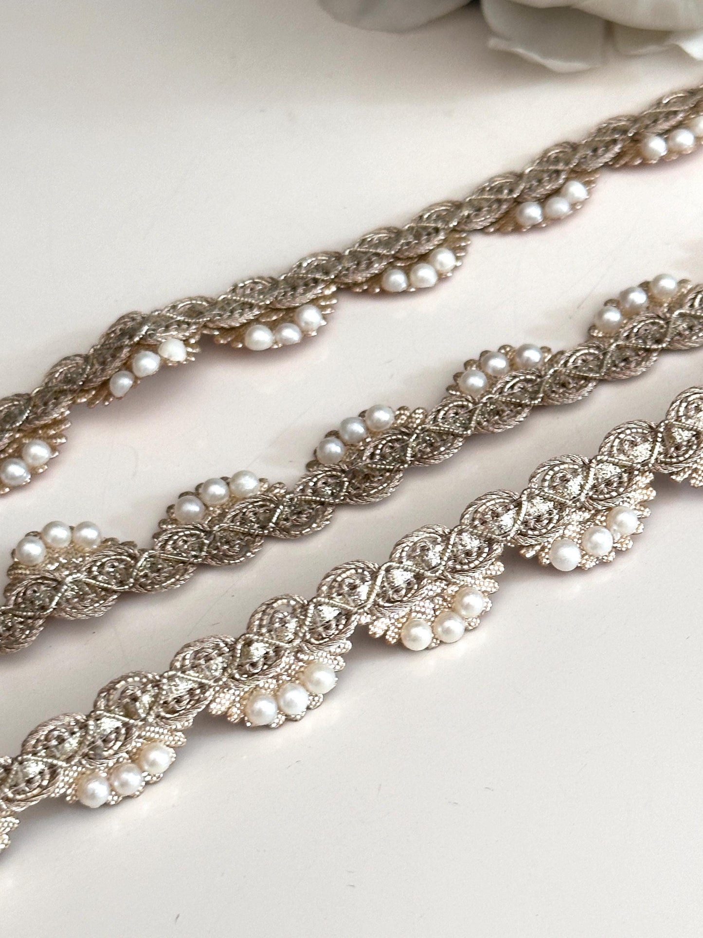 Pearl Bead Sash Rhinestone Lace Trim Gold Metallic Thread Bridal Sash Wedding Crafting Lace
