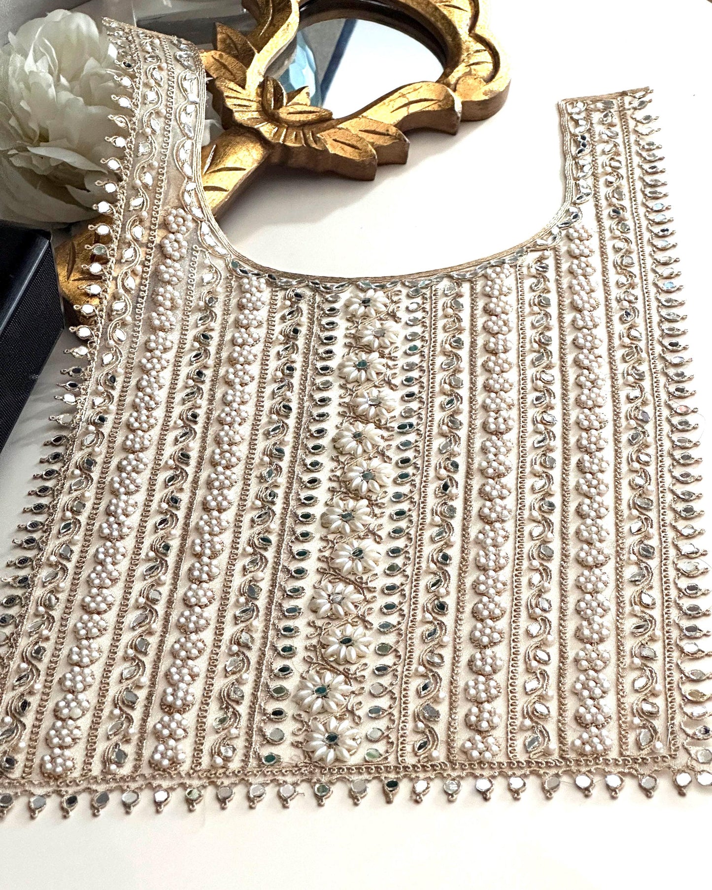 Applique Neckline Bridal Patch Shiny Mirror Pearl Flower Indian Applique Neck
