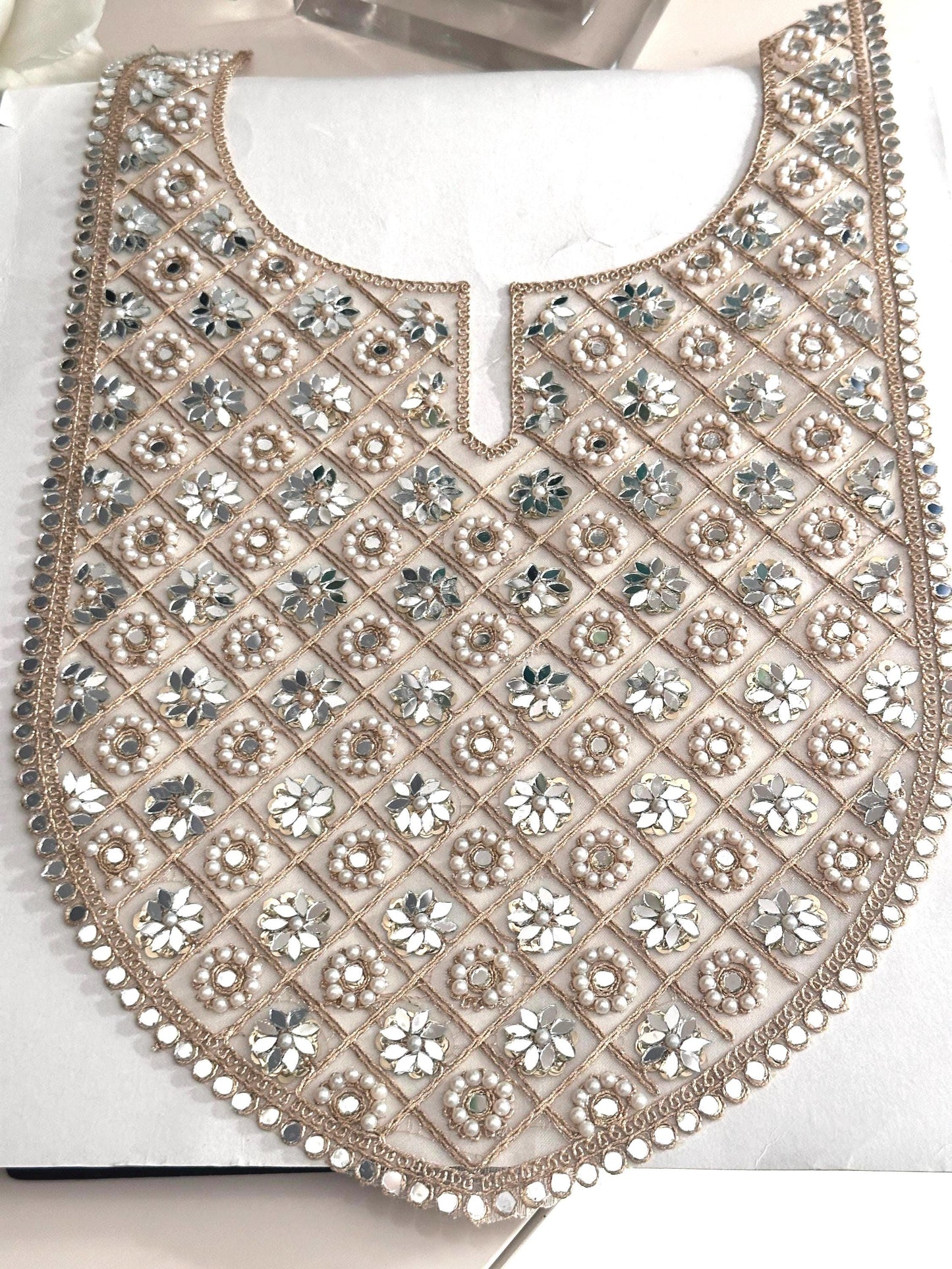 Floral Embroidery Applique Sew on Neckline Patch Mirror Pearl Stone