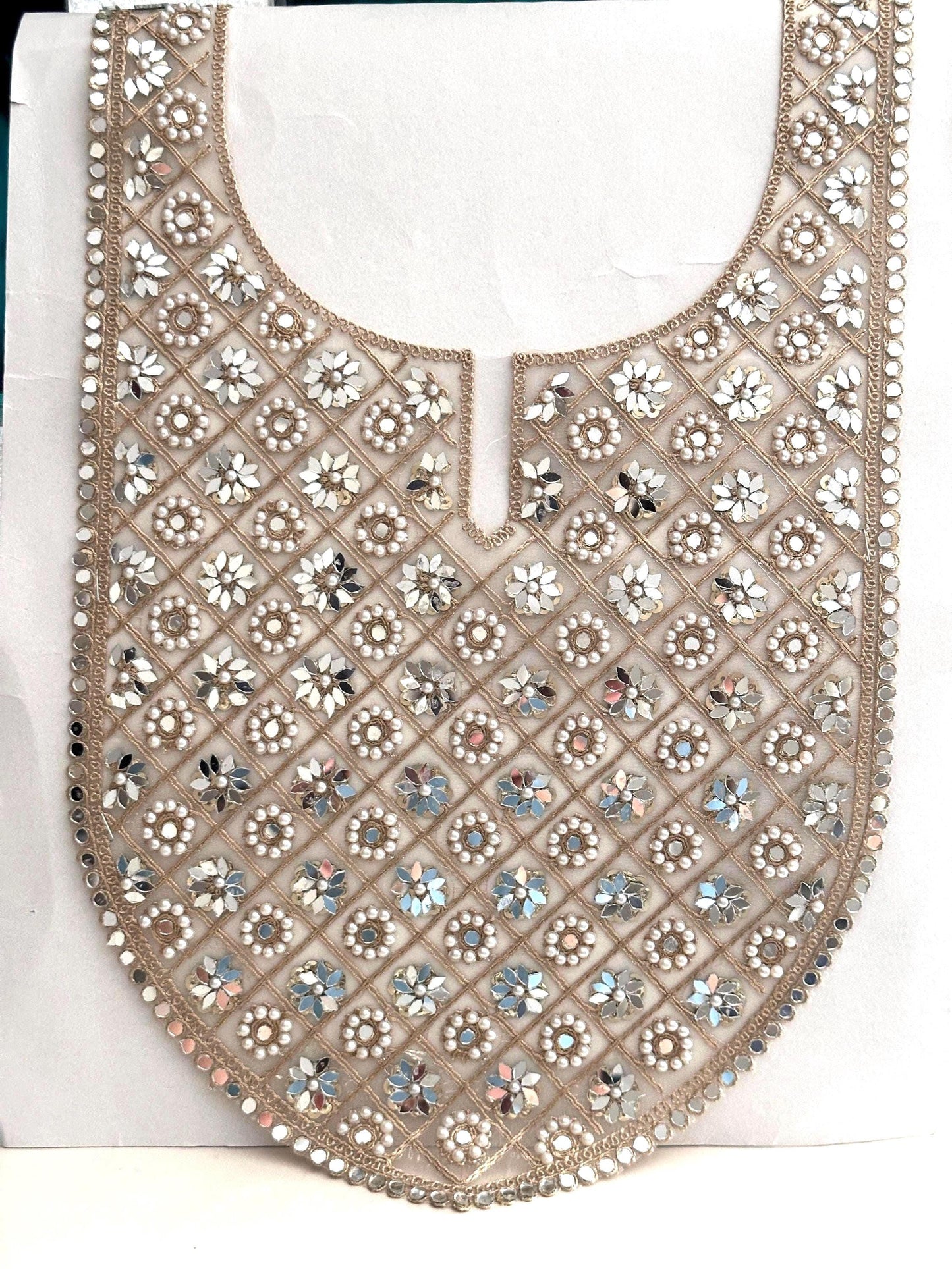 Floral Embroidery Applique Sew on Neckline Patch Mirror Pearl Stone