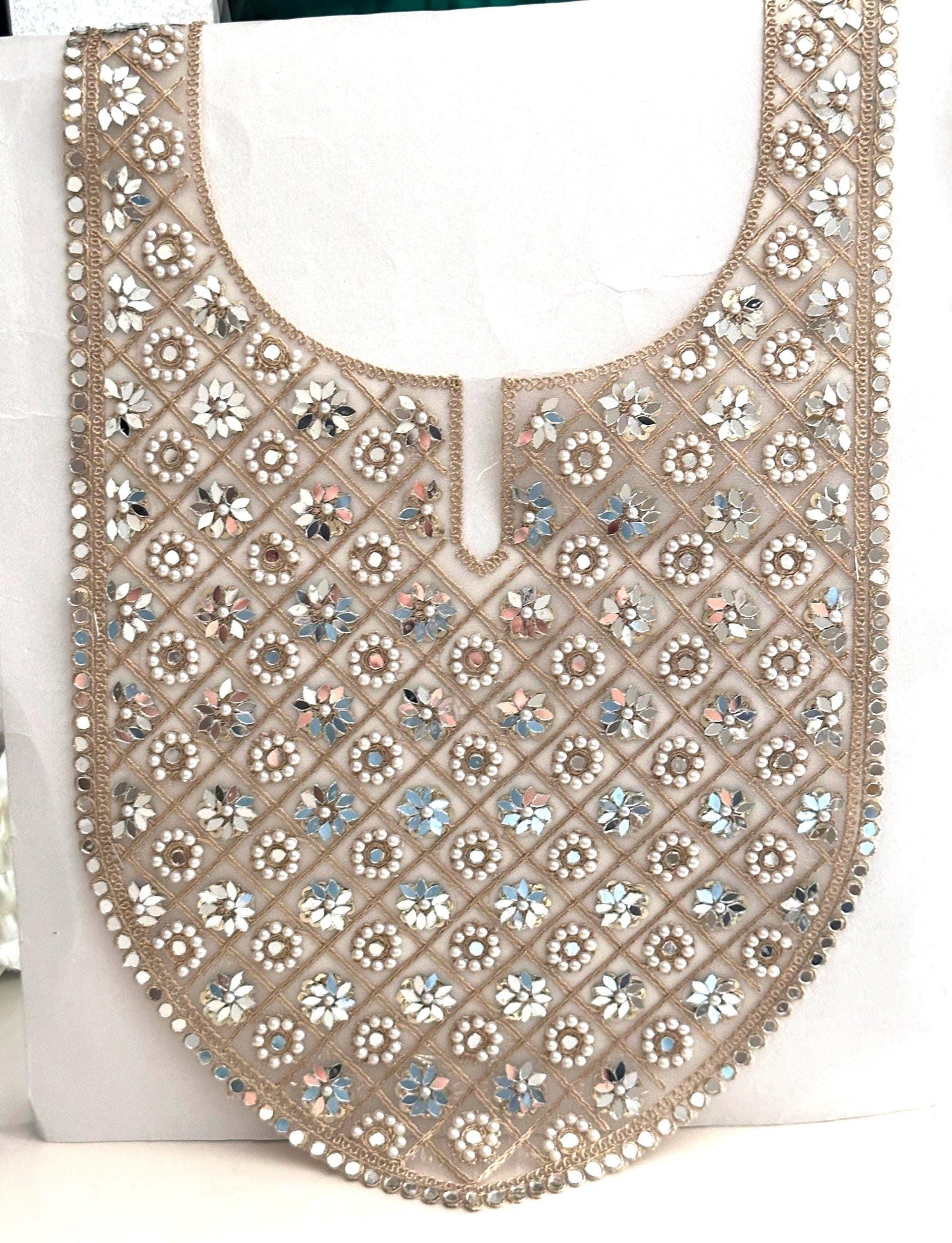 Floral Embroidery Applique Sew on Neckline Patch Mirror Pearl Stone