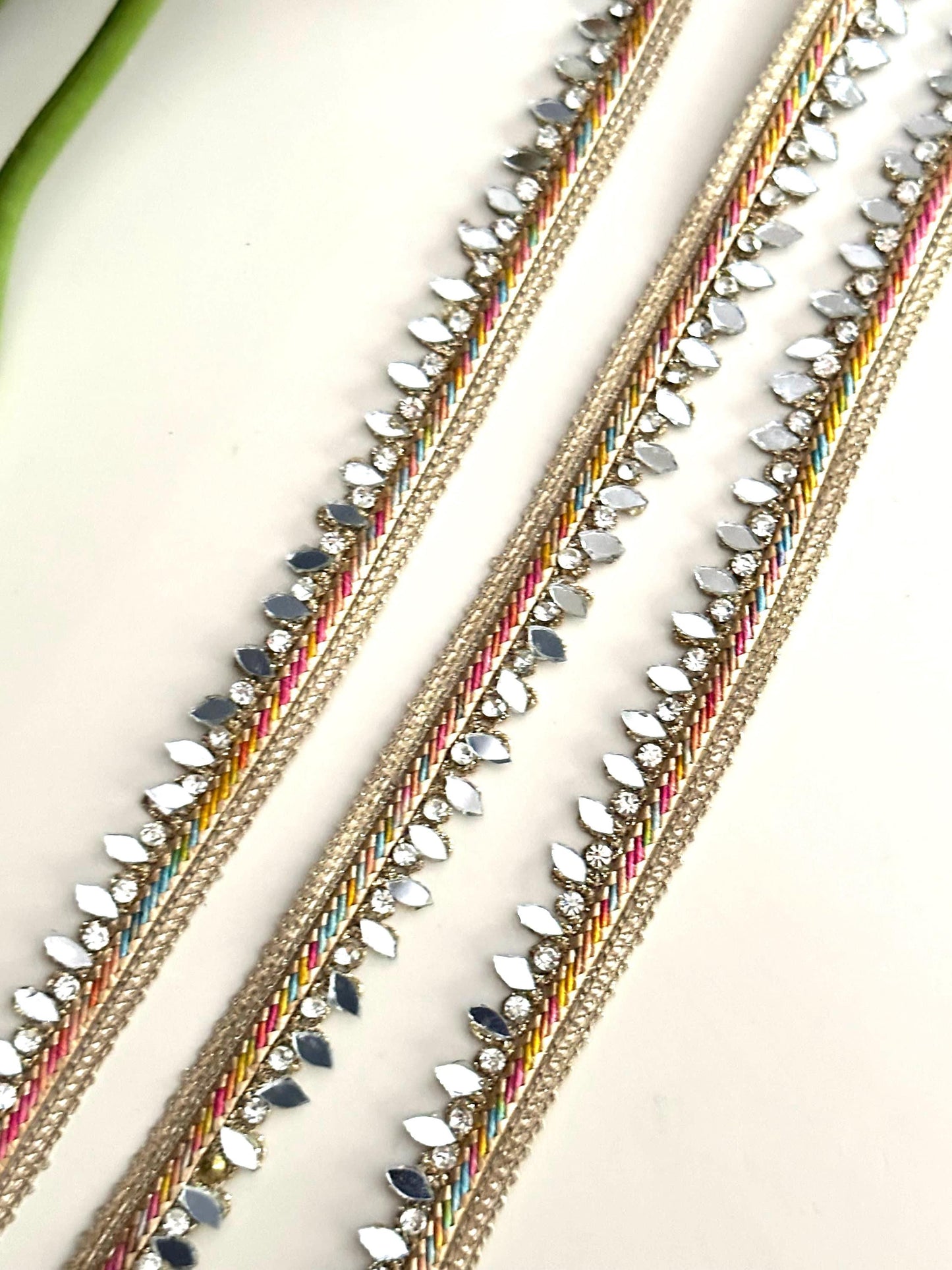 9mtr Lovely Multicolour Narrow Trim with Mirror & Crystal Rhinestone Dupatta Saree Border Lace