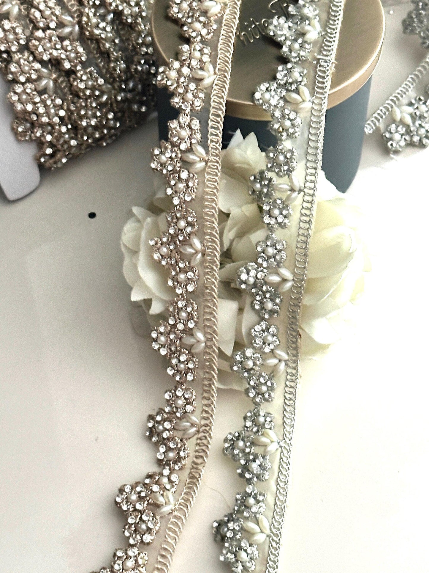 Pearl zircon embellished Indian Embroidered Lace trim ribbon 3cm Edging trim