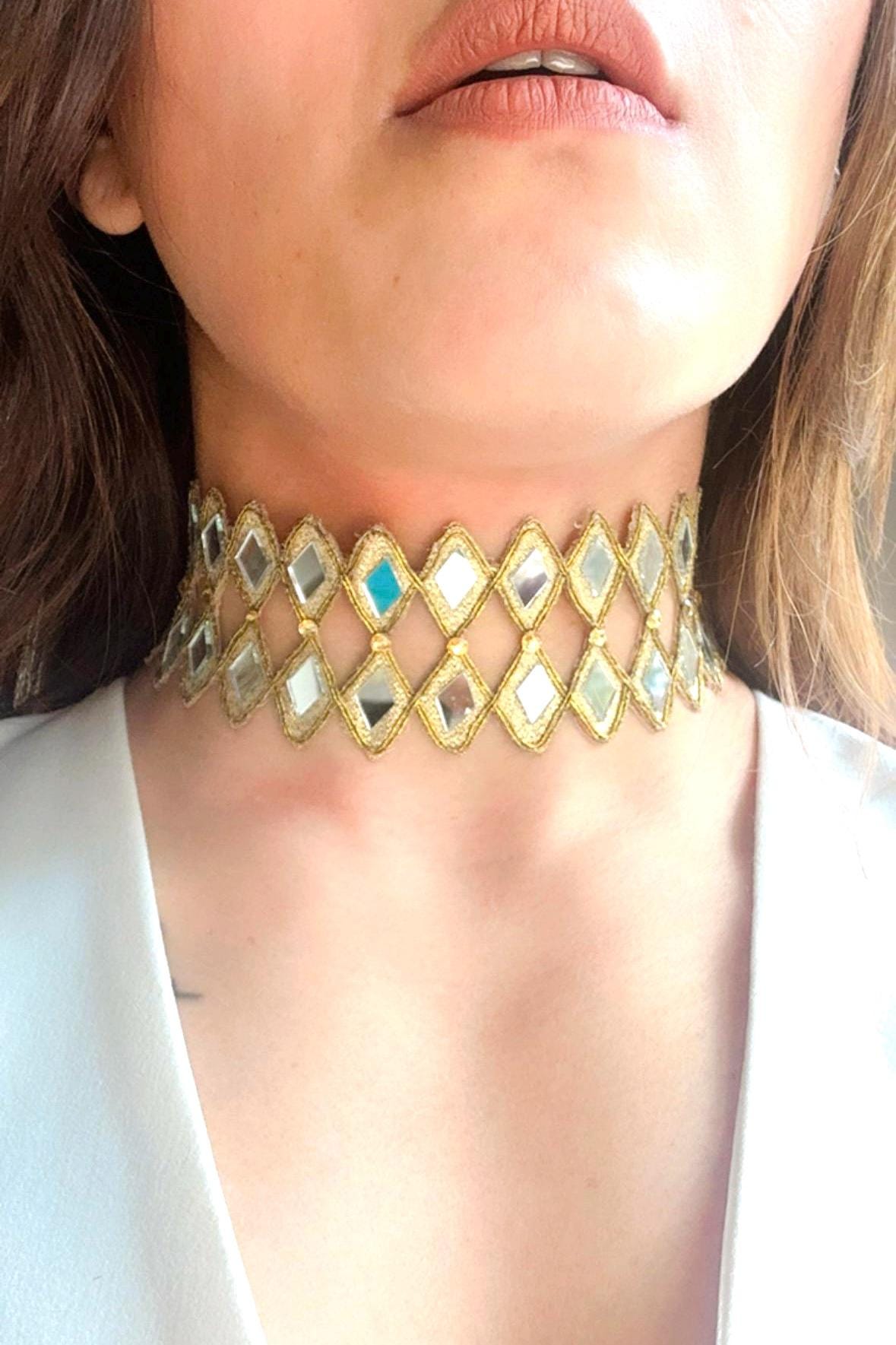 Handmade Lace Choker Necklace Unique Boho Party Jewelry for Trendy Young Style Gothic Festival & Night Out Accessory Golden Glam Choker