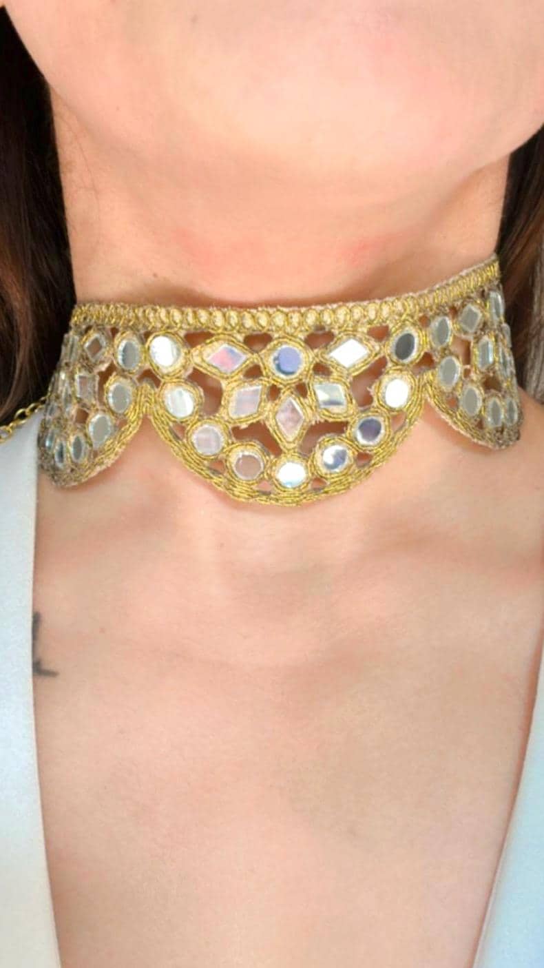 Gold Lace Choker Necklace Handmade Boho Gothic Style Jewelry Vintage Look Fabric Choker