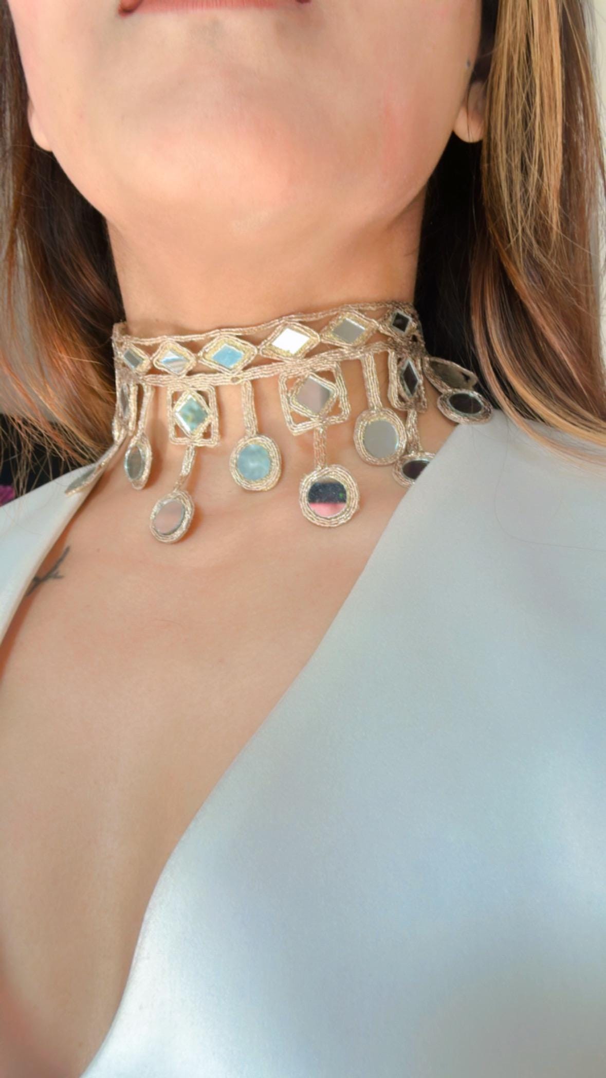 Cosmo Glam Choker Geometric Pattern Mirror Fabric Necklace Modern Minimalist Sustainable Jewelry Gift