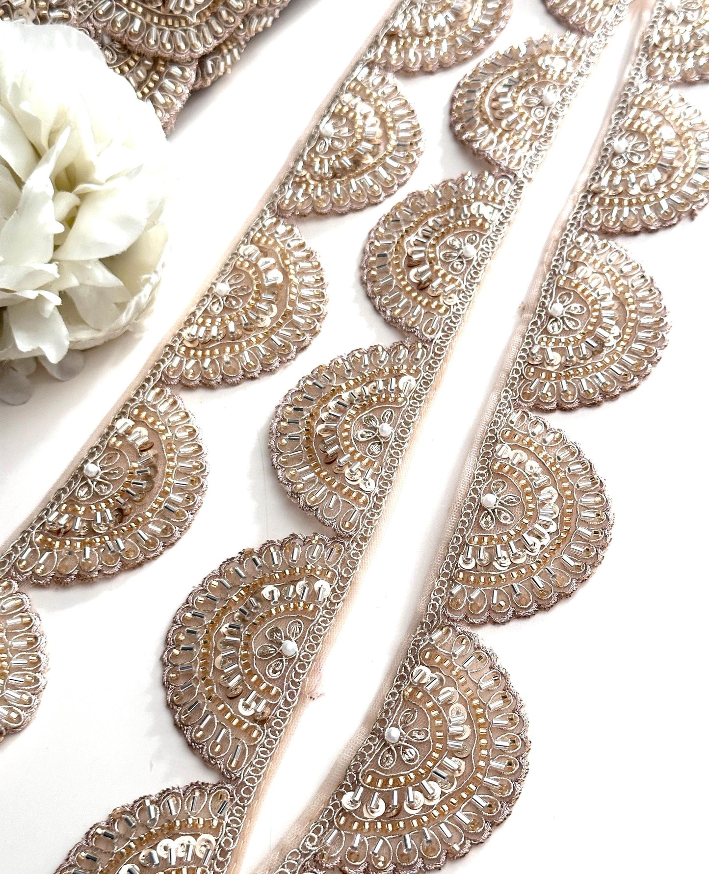 Light Gold Scalloped Zari Lace Glass Bead Indian Lace Trim Embroidered