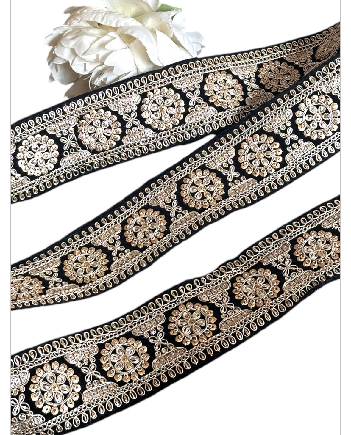 Black Sequin Zari Lace Border Velvet Indian Bridal Dress Embroidery Trim