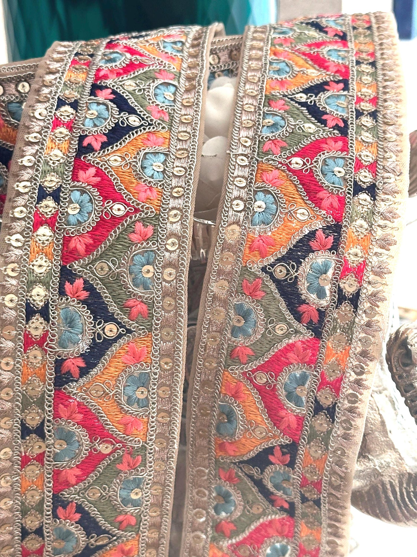 Maroon Gold Colourful Zari Sequin Lace Indian Embroidered Wedding Veil Trim