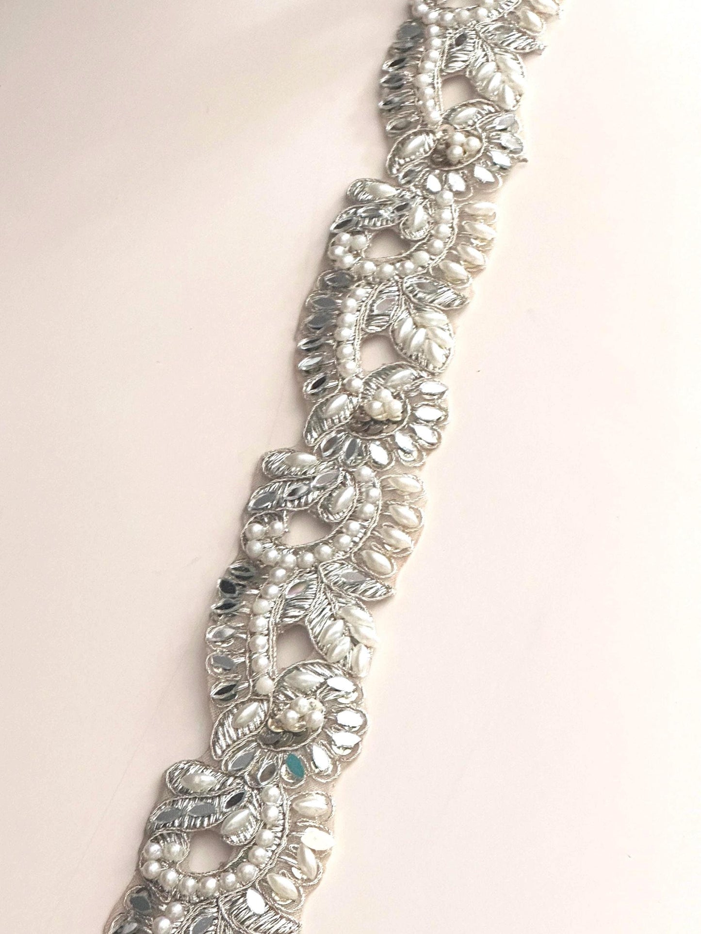 Pearl Crystal Embellished Light Gold Wedding Lace Indian Symmetric Bridal Veil Trim
