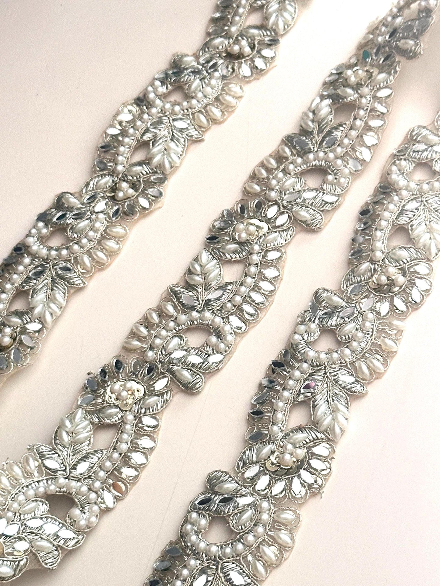 Pearl Crystal Embellished Light Gold Wedding Lace Indian Symmetric Bridal Veil Trim