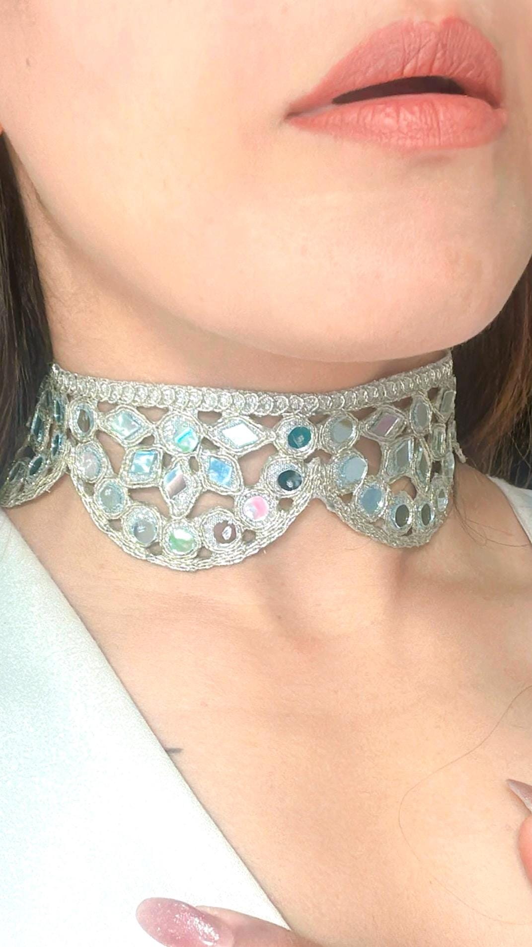 Silver Choker Necklace Handmade Boho Gothic Style Jewelry Vintage Look Fabric Choker