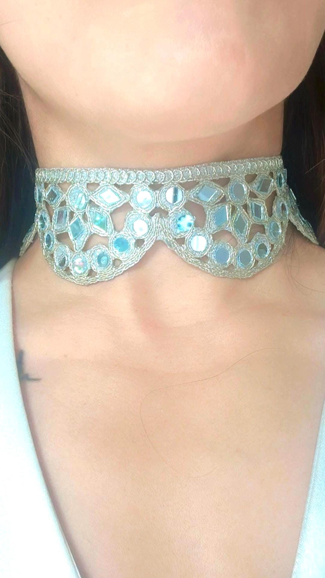 Silver Choker Necklace Handmade Boho Gothic Style Jewelry Vintage Look Fabric Choker