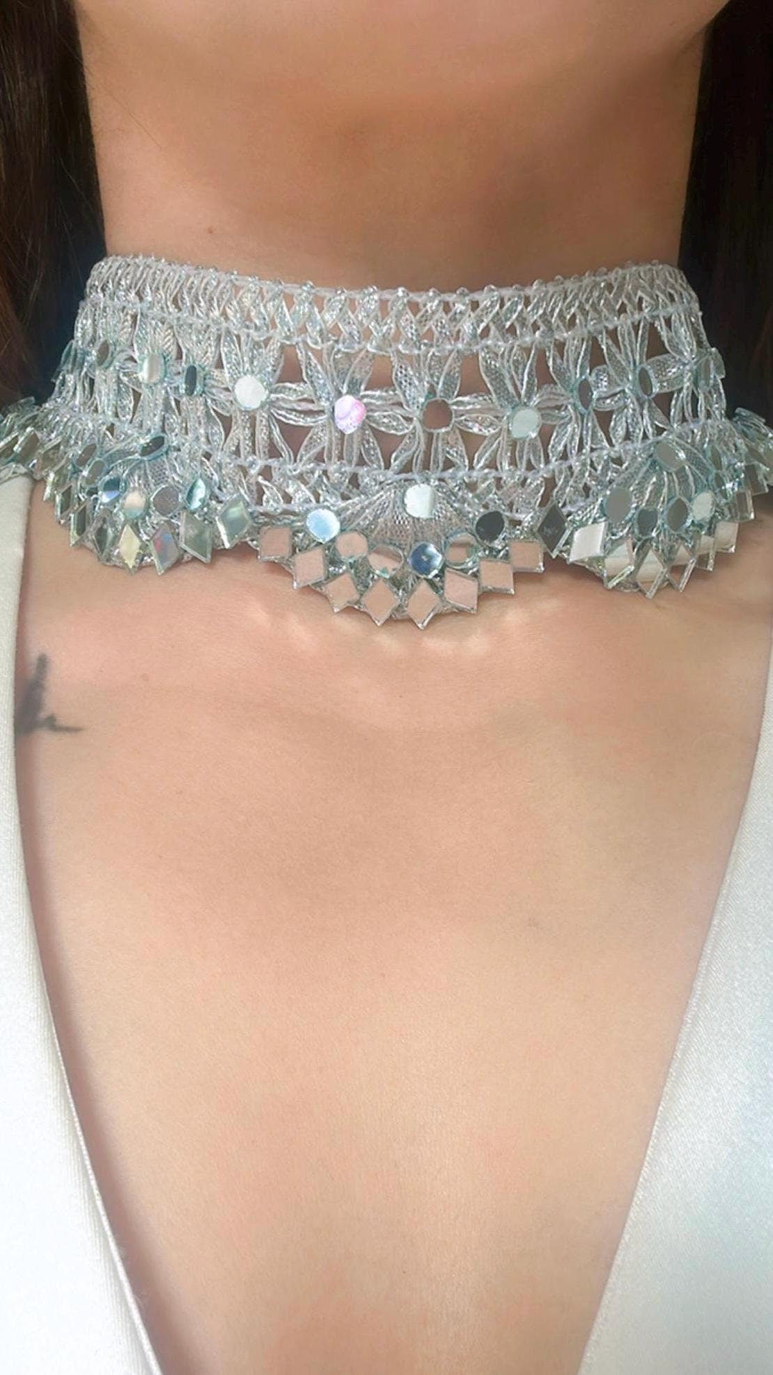 Silver Fabric Necklace Unique Choker Handmade Ethnic Charm Lace Necklace Vibrant Artisan Boho